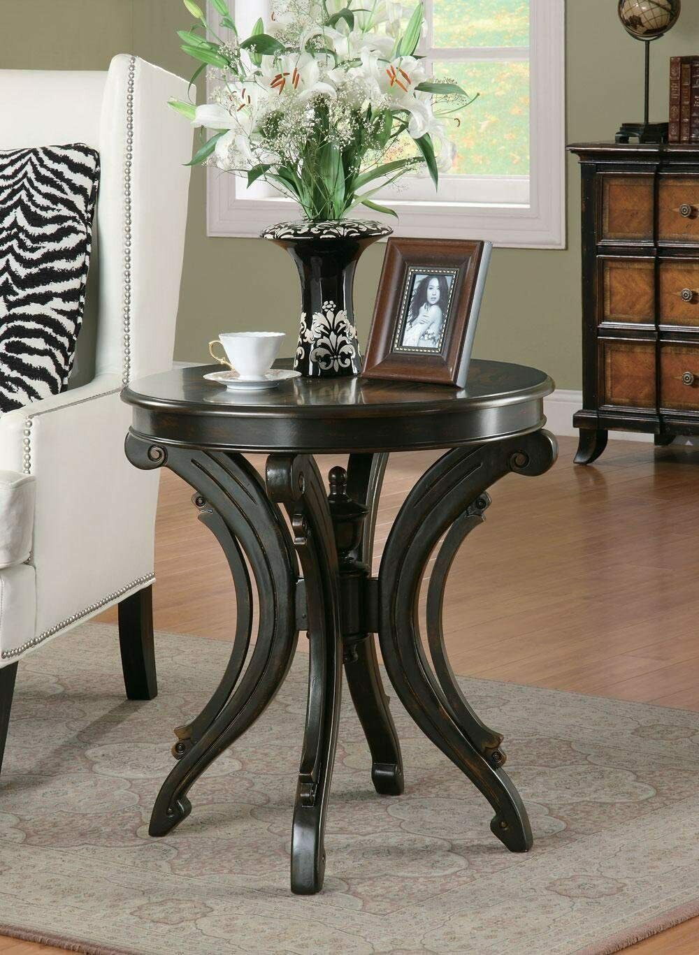 Round Accent End Table with Animal Print Top & Scrolled Base