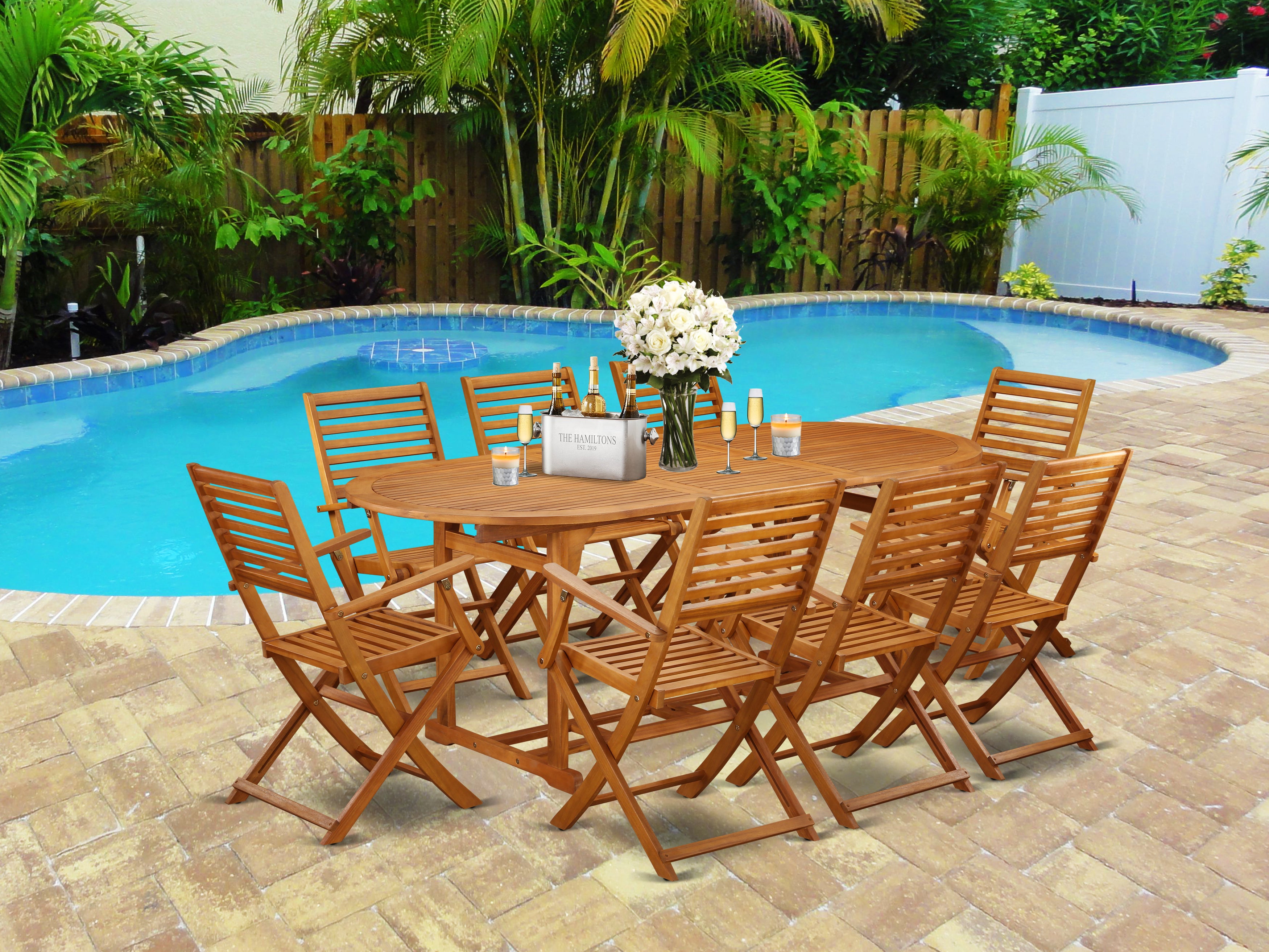 BSBS9CANA This 9 Pc Acacia Solid wood Outside patio Sets provides you an Outdoor-Furniture table and Eight foldable Outdoor-Furniture chairs