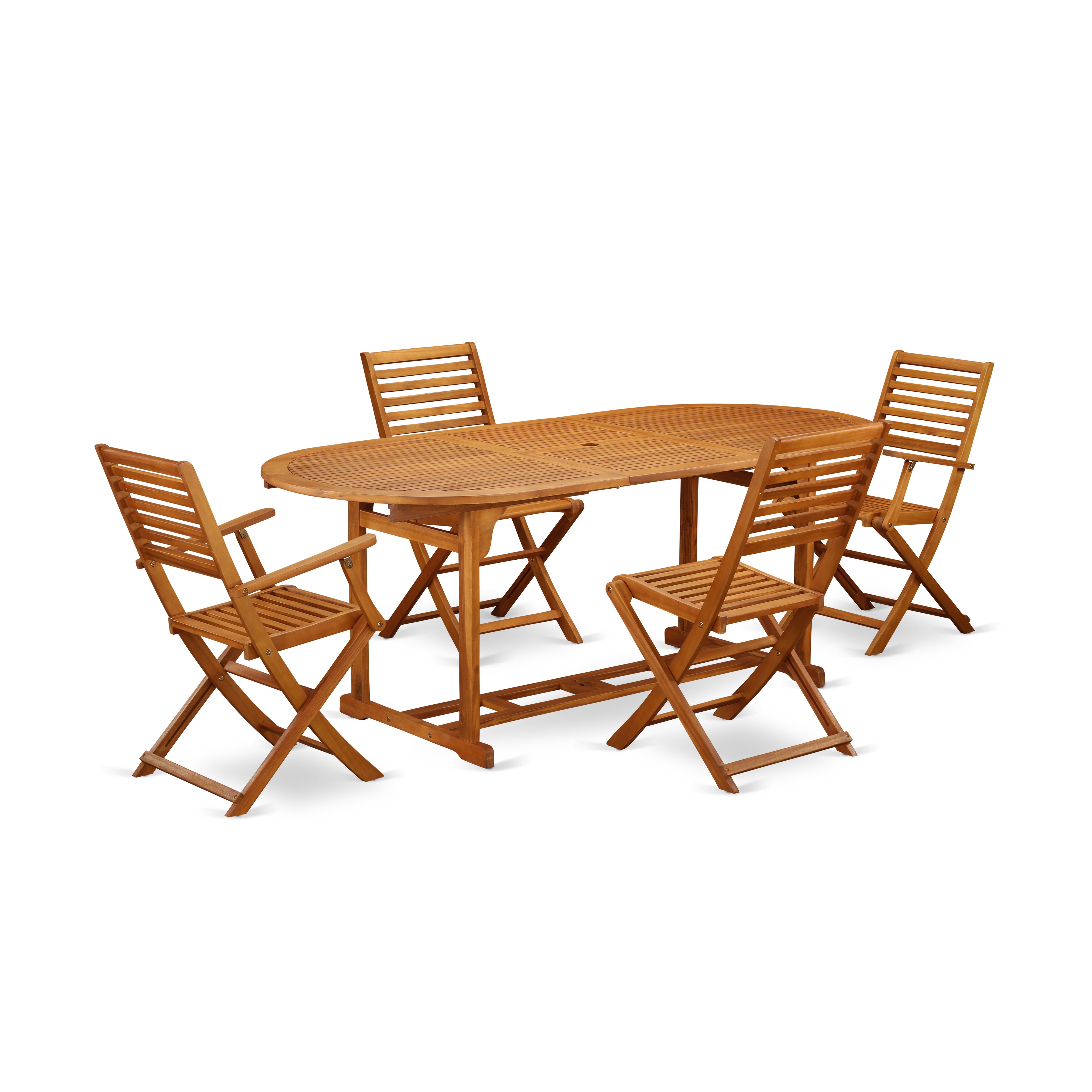 BSBS52CANA This 5 Pc Acacia Wood Outside patio Sets offers one Outdoor-Furniture table and Two side patio dining chairs and Two foldable arm chairs