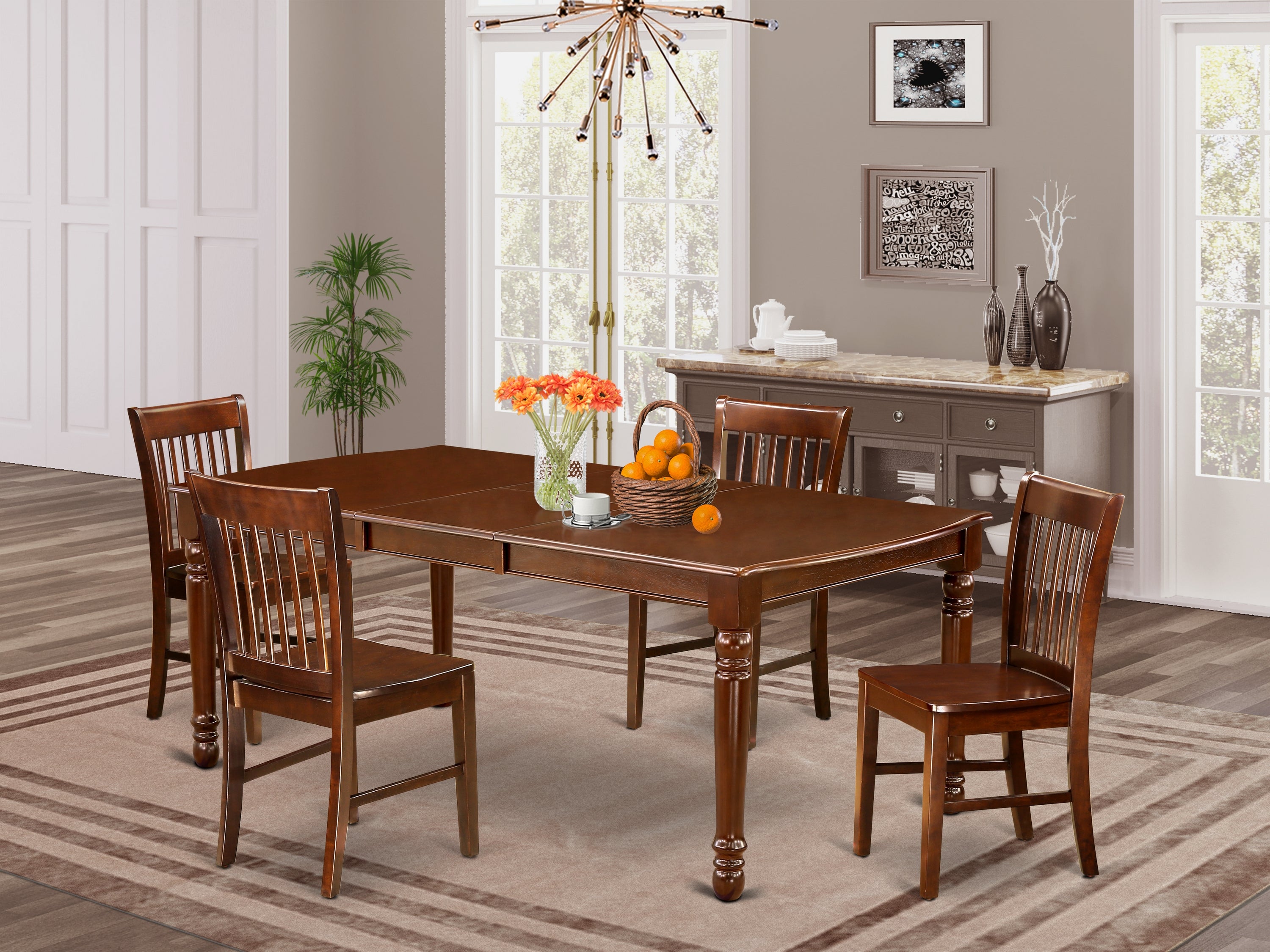 DONO5-MAH-W 5Pc Rectangular 60/78 Inch Dining Table With 18 In Self Storing Butterfly Leaf And Four Wood Seat Kitchen Chairs