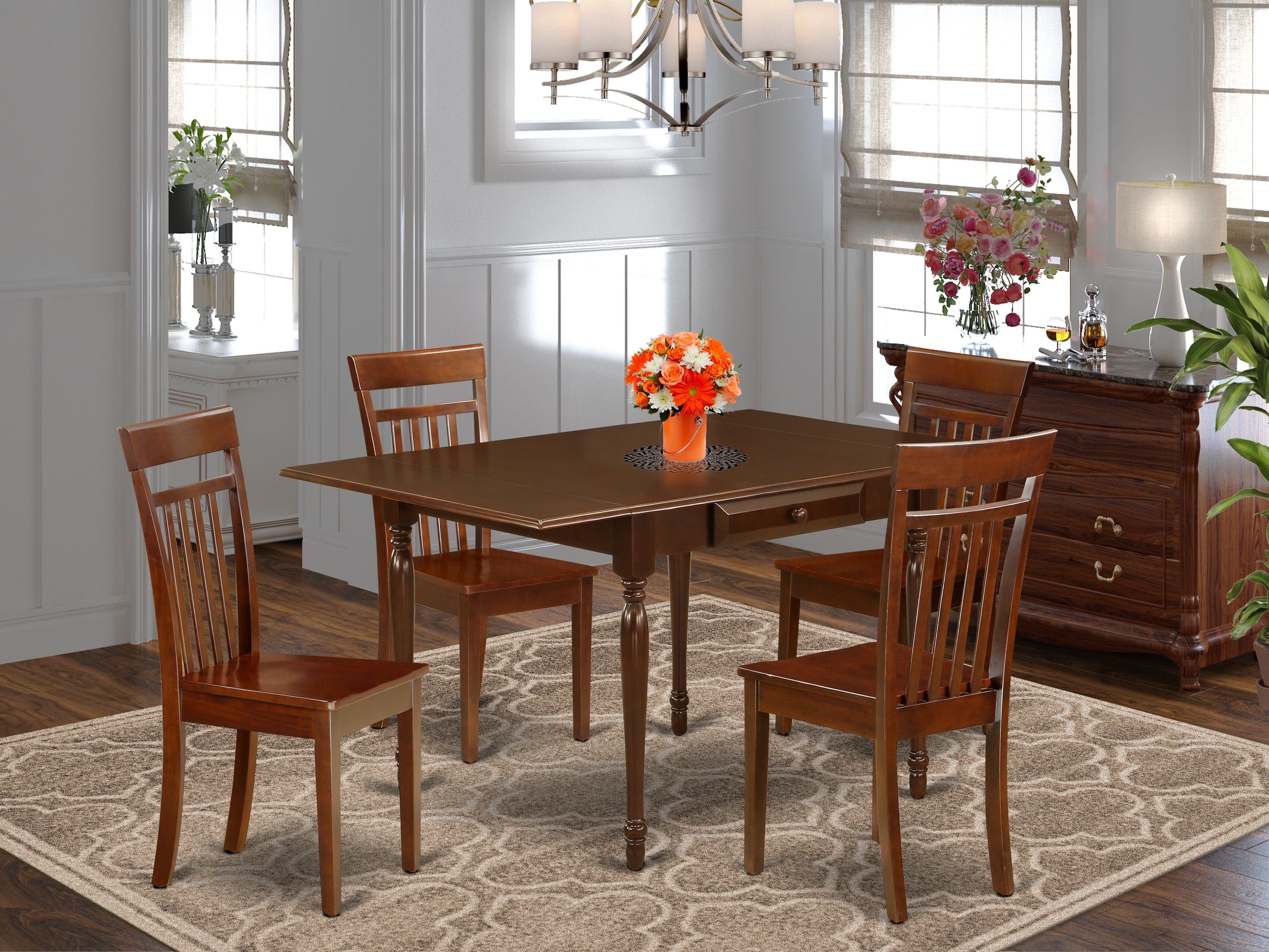 East West Furniture MZCA5-MAH-W 5Pc Dinette Sets for Small Spaces Includes a Wood Dining Table and 4 Wood Dining Chairs with Solid Wood Seat, Drop Leaf Table with Slat Back Chairs, Mahogany Finish