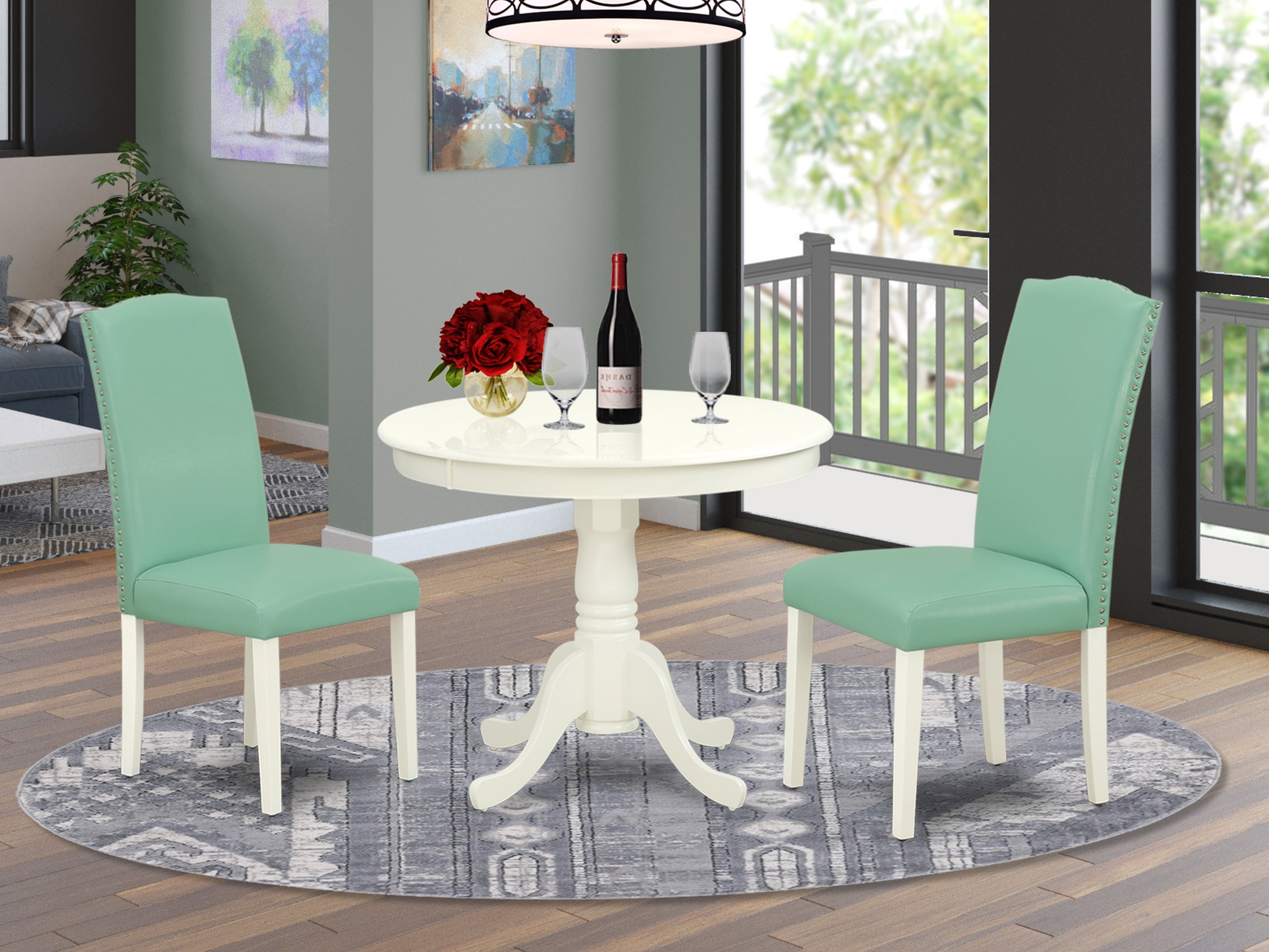 ANEN3-LWH-57 3Pc Rounded 36 Inch Dining Table And 2 Parson Chair With Linen White Leg And Pu Leather Color Pond