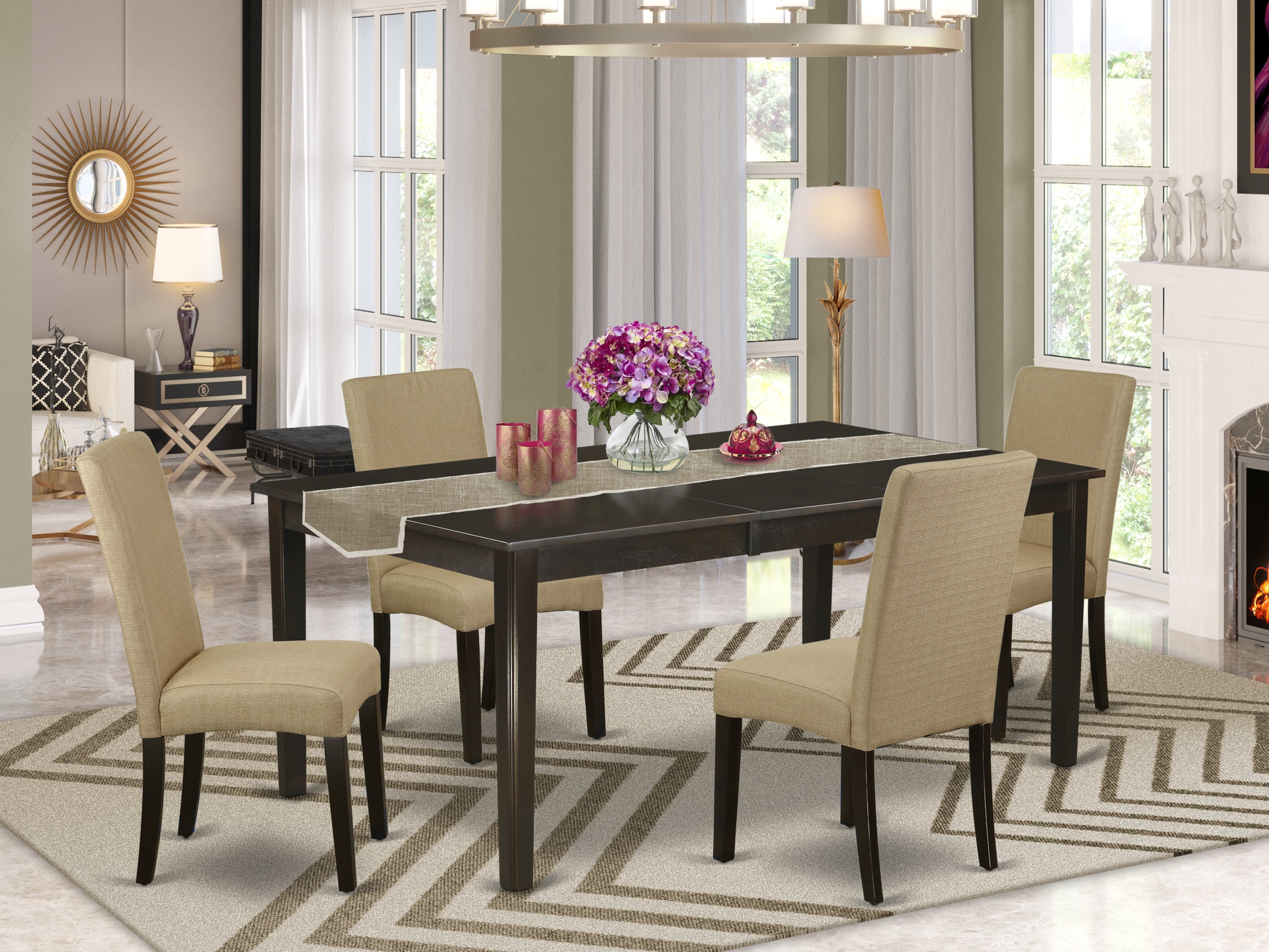 HEDR5-CAP-03 5 Pc Formal Dining Room Set-Dinette Table Featuring Self Storing Butterfly Leaf And Four Parson Chair With Cappuccino Finish Leg And Linen Fabric- Brown Color