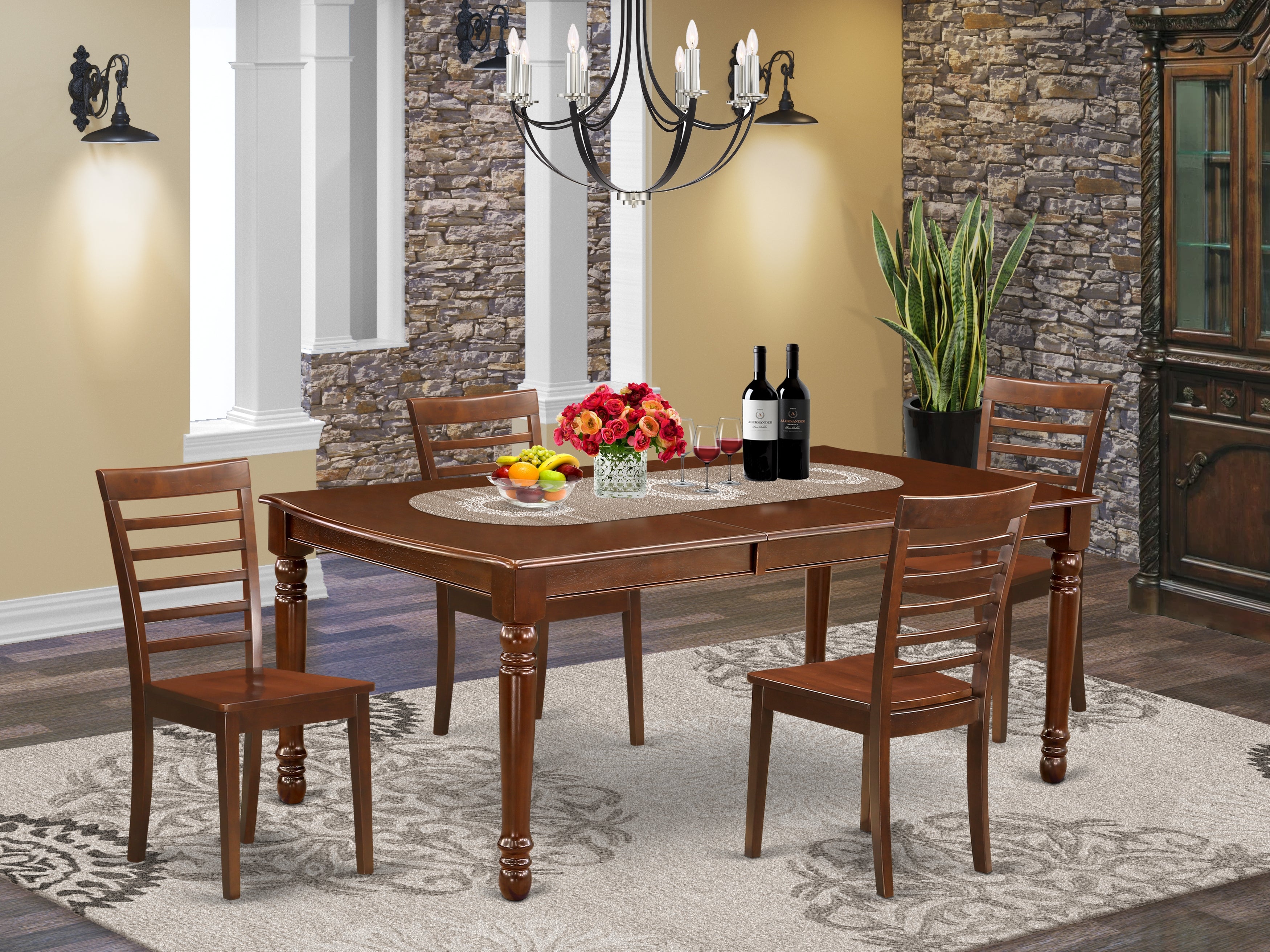 DOML5-MAH-W 5Pc Rectangle 60/78 Inch Family Table With 18 In Leaf And 4 Wood Seat Dining Chairs