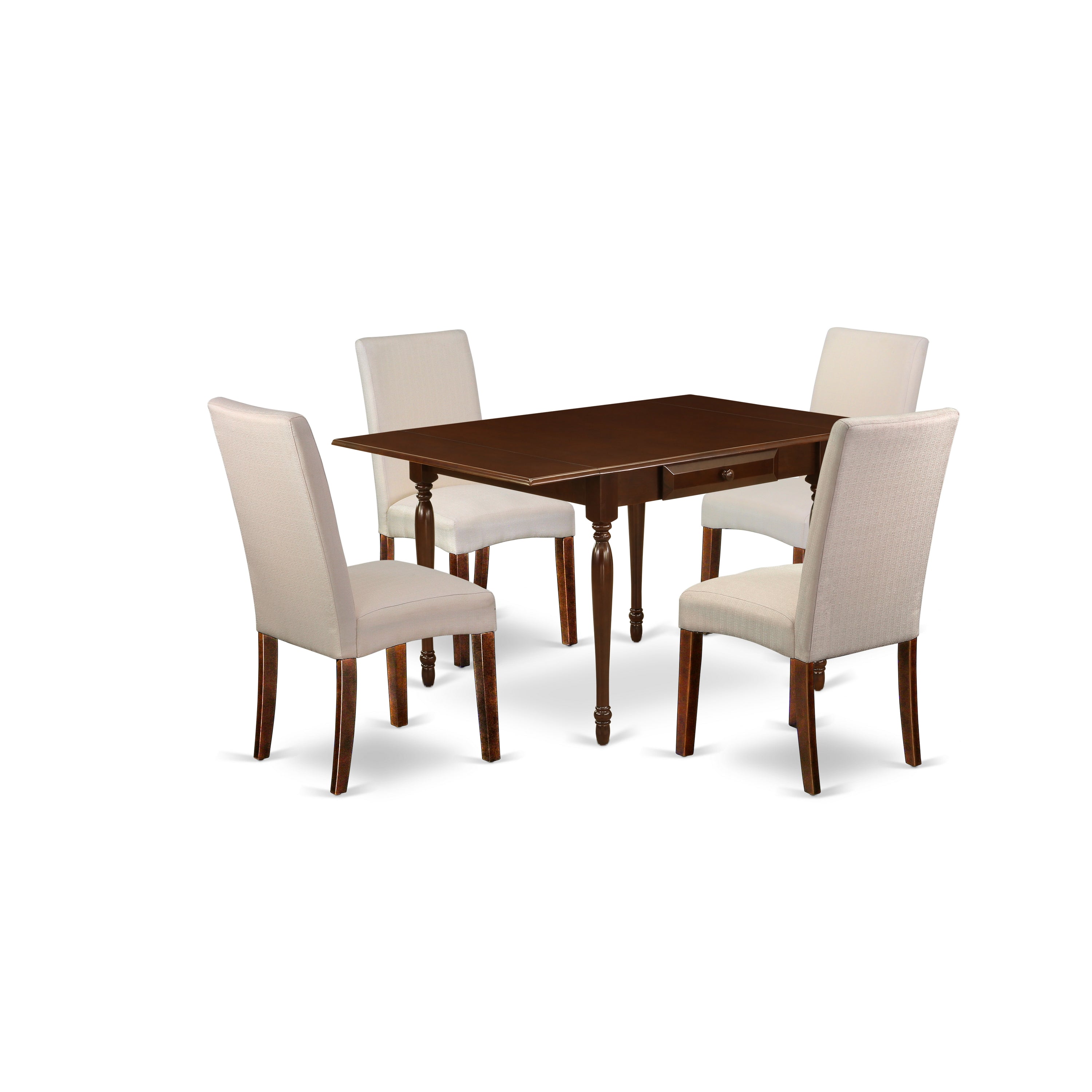 East West Furniture MZDR5-MAH-01 5Pc Dinette Set Includes a Small Kitchen Table and 4 Upholstered Dining Chairs with Cream Color Linen Fabric, Drop Leaf Table with Full Back Chairs, Mahogany Finish