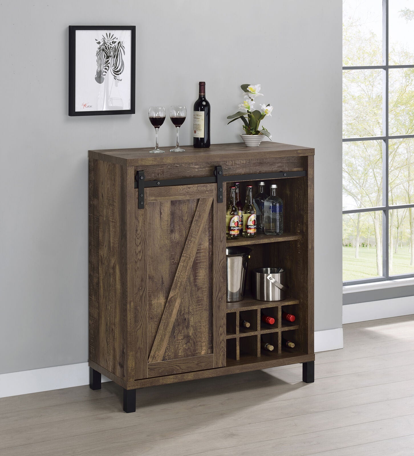 Coaster Country Rustic Farmhouse Sliding Barn Door Bar Cabinet Wine Storage Oak