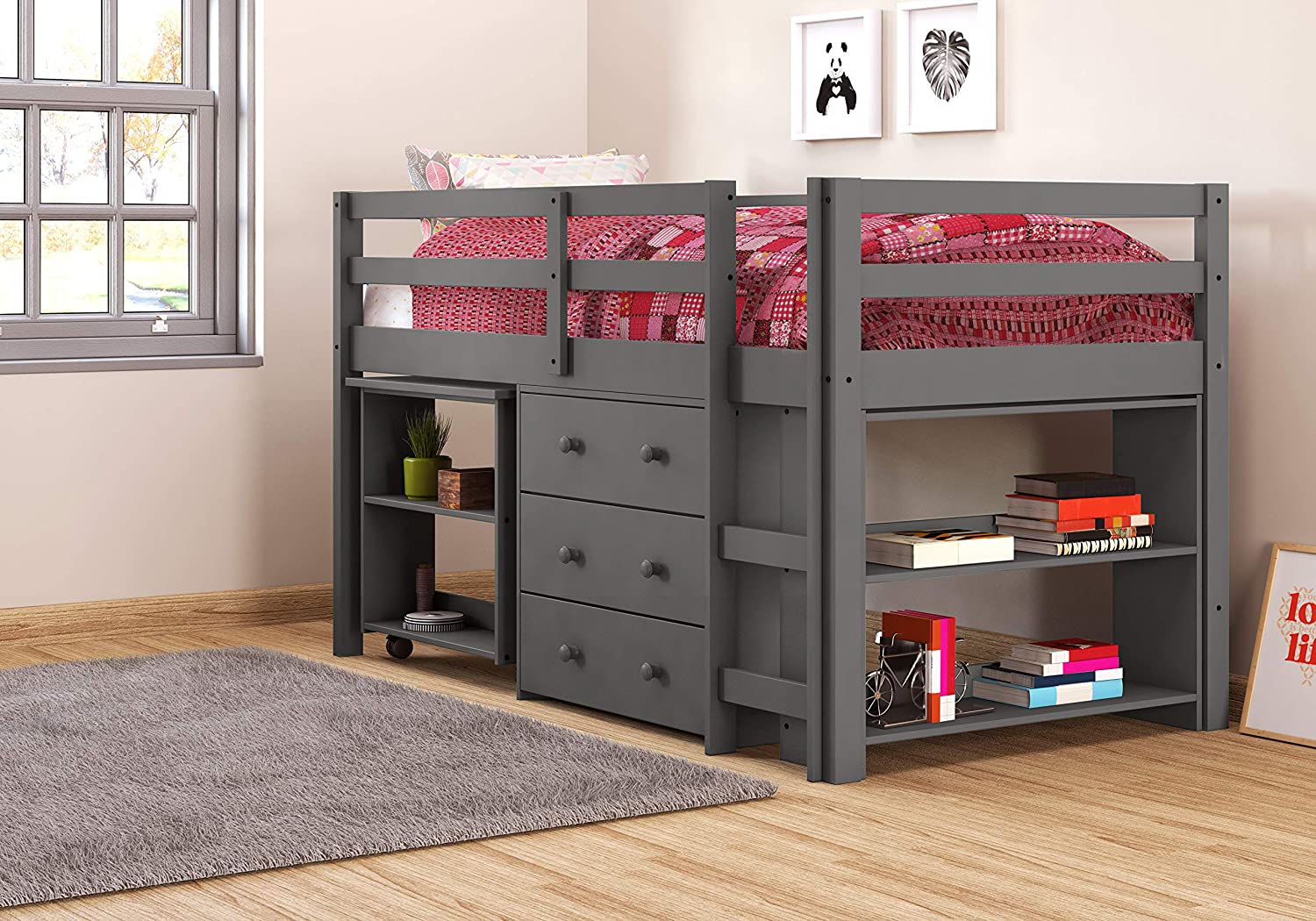 DONCO kids Low Loft Bed with Desk, Twin, Dark Grey