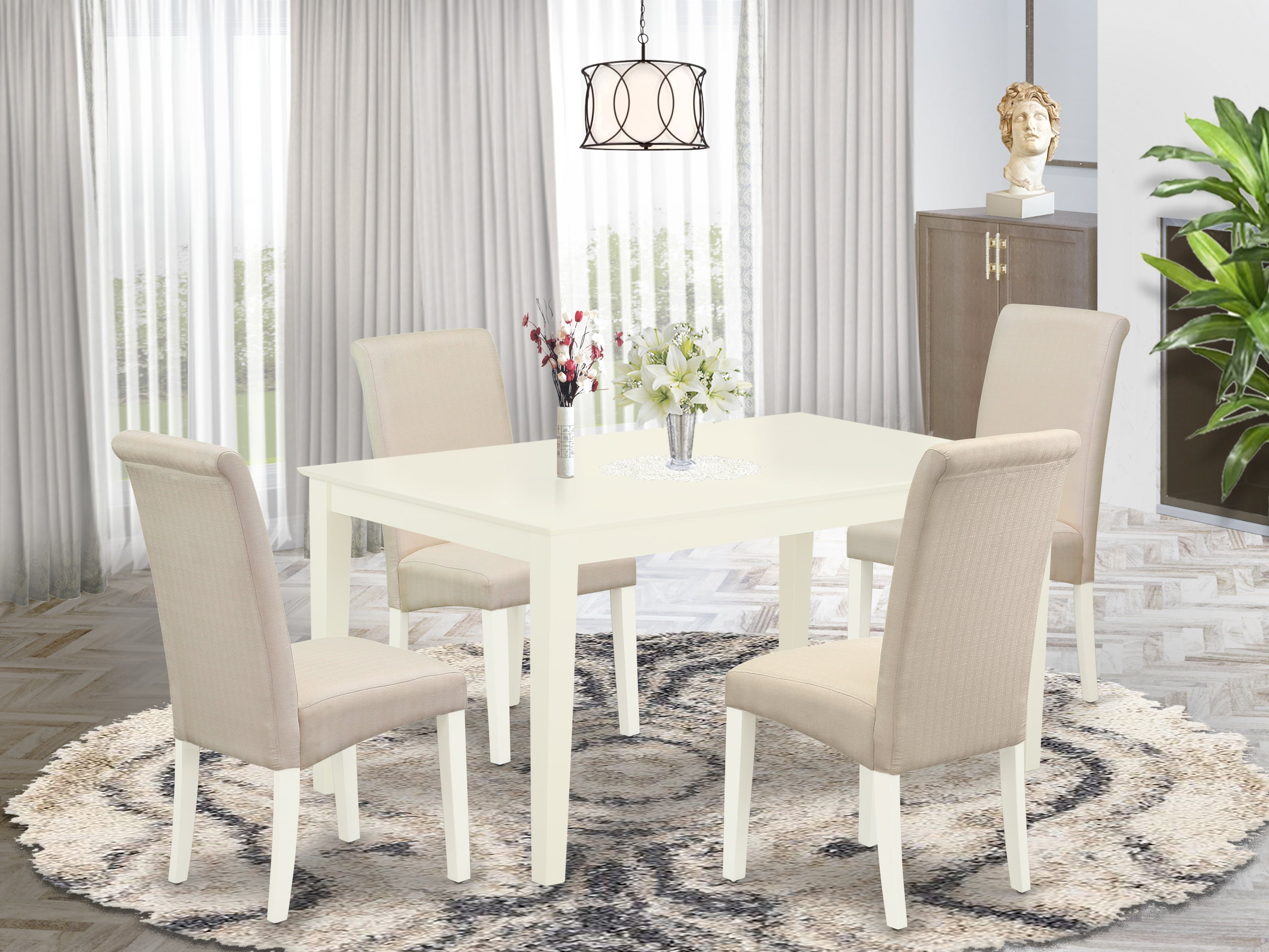 CABA5-LWH-01 5Pc Dining Set Includes a Rectangle Dinette Table and Four Parson Chairs with Cream Fabric, Linen White Finish