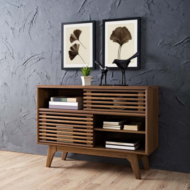 Modway Render Mid-Century Modern Two-Tier Display Stand in Walnut