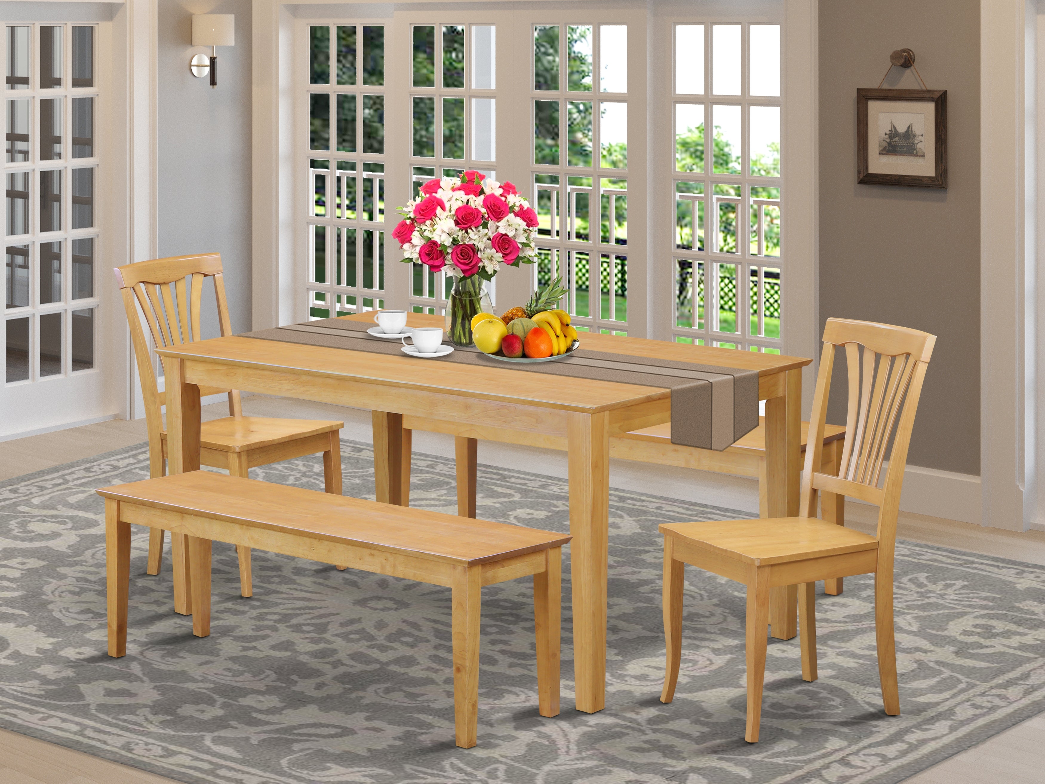 CAAV5C-OAK-W 5 Pc Dinette set - Dining Table and 2 Kitchen Chairs along with 2 Wooden benches