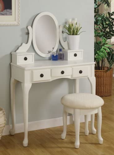 5 Drawer White Makeup Vanity Hair Dressing Table Set w Adjustable Mirror Padded Stool