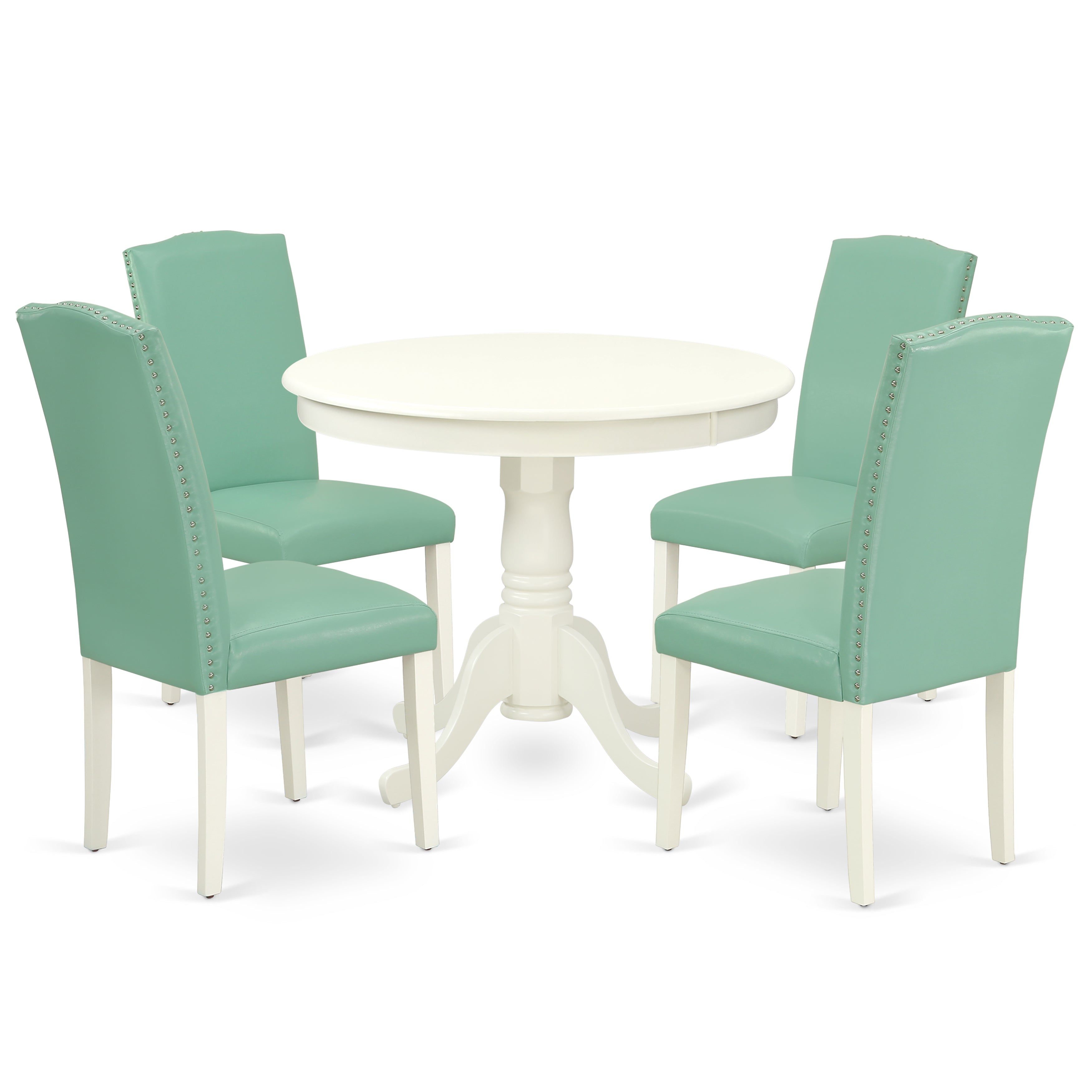 ANEN5-LWH-57 5Pc Round 36" Table And 4 Parson Chair With Linen White Leg And Pu Leather Color Pond