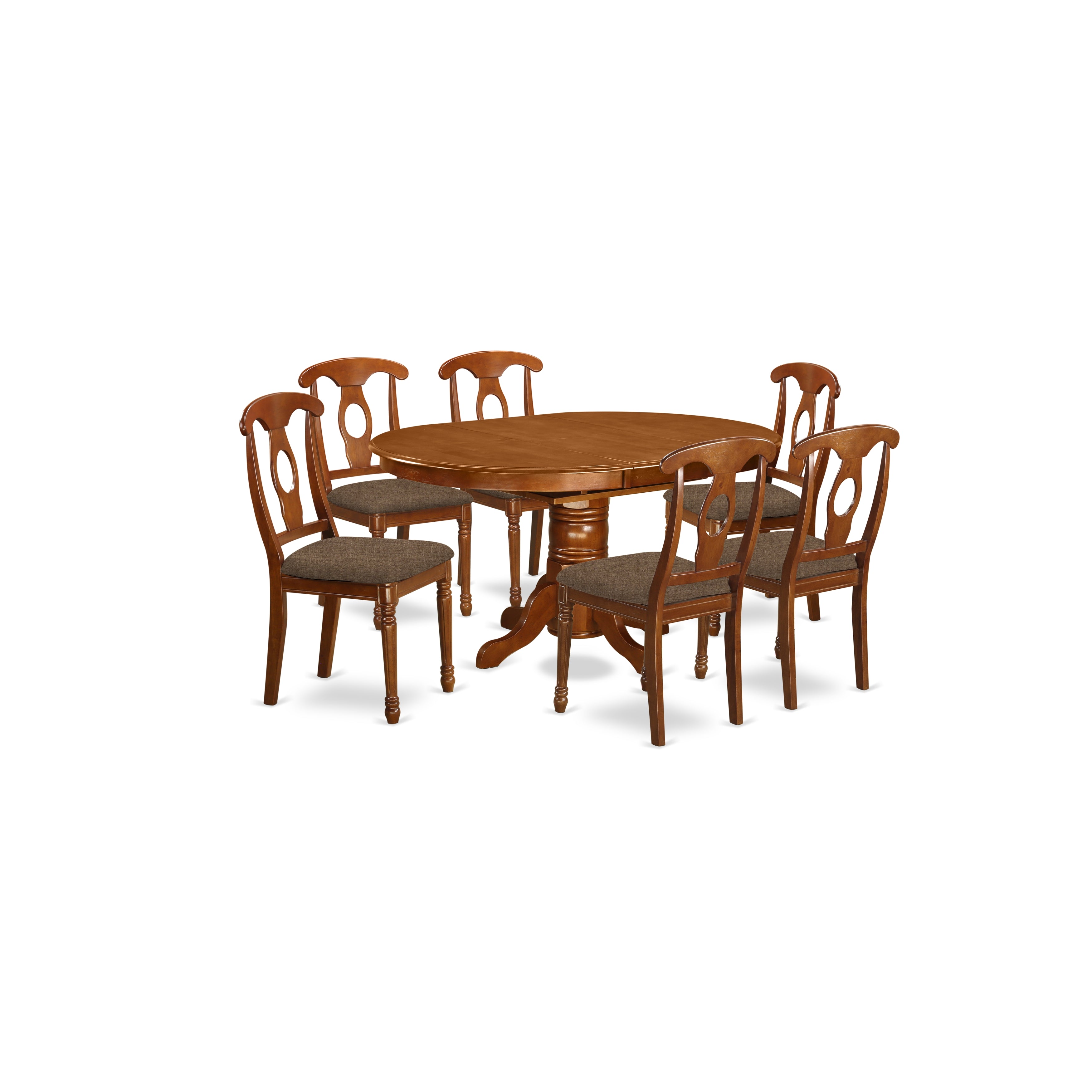 AVNA7-SBR-C 7 Pc Dinette Table with Leaf and 6 Upholstered Seat Chairs in Saddle Brown .