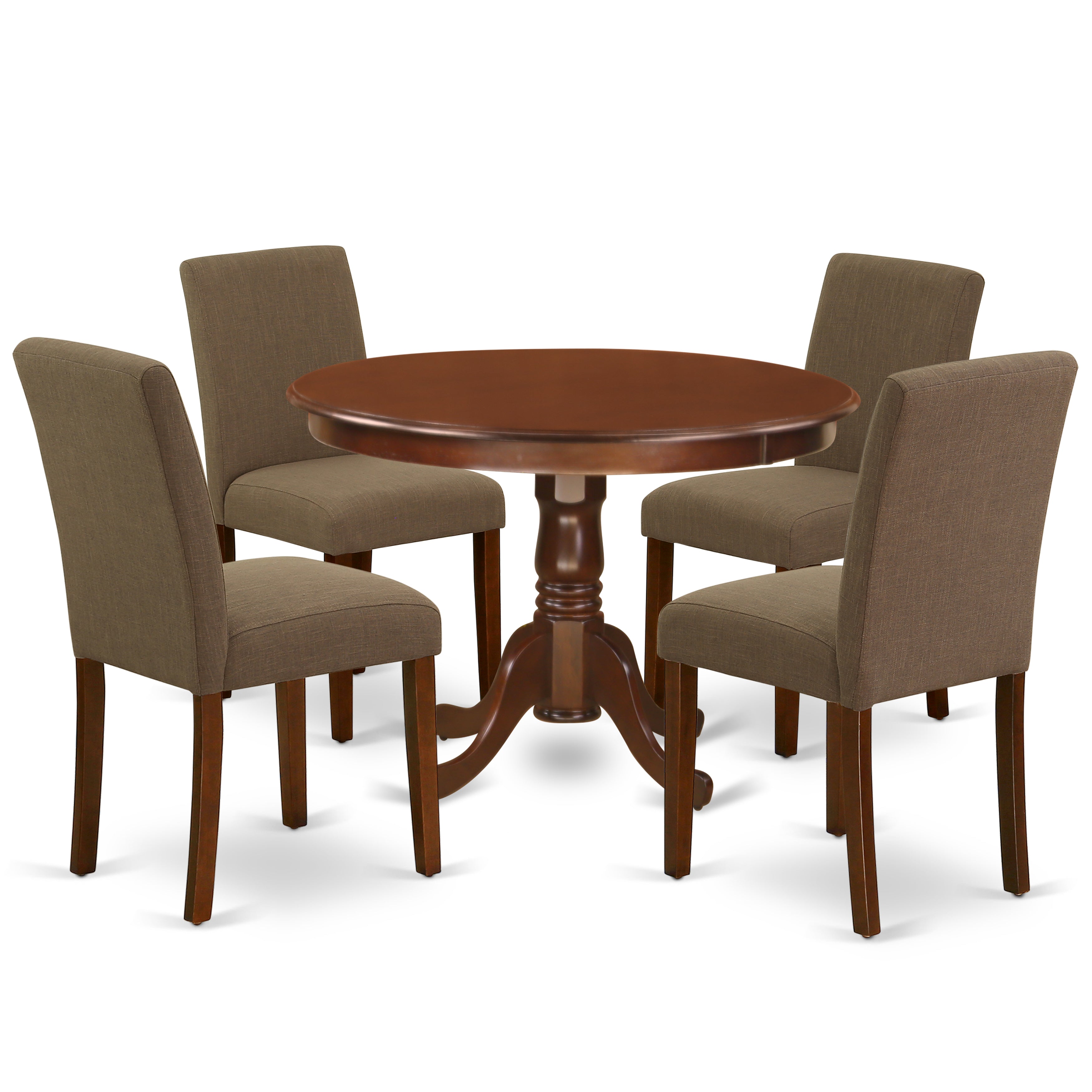 HLAB5-MAH-18 5Pc Round 42 Inch Dinette Table And Four Parson Chair With Mahogany Leg And Linen Fabric Coffee