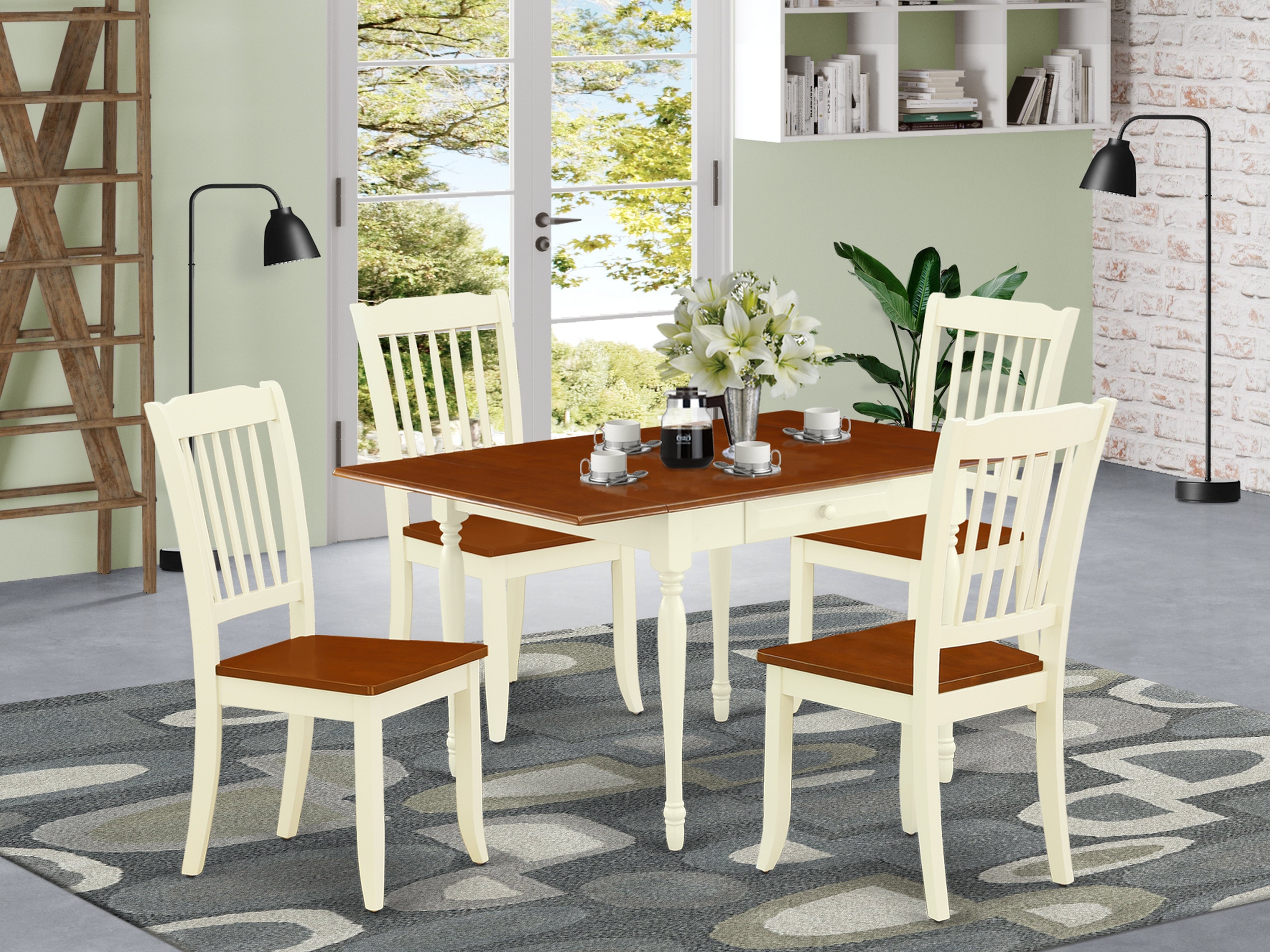 East West Furniture MZDA5-WHI-W 5Pc Kitchen and Dining Room Table Set Offers a Small Dining Table and 4 Kitchen Chairs with Wooden Seat, Drop Leaf Table with Slat Back Chairs, Buttermilk and Cherry Finish