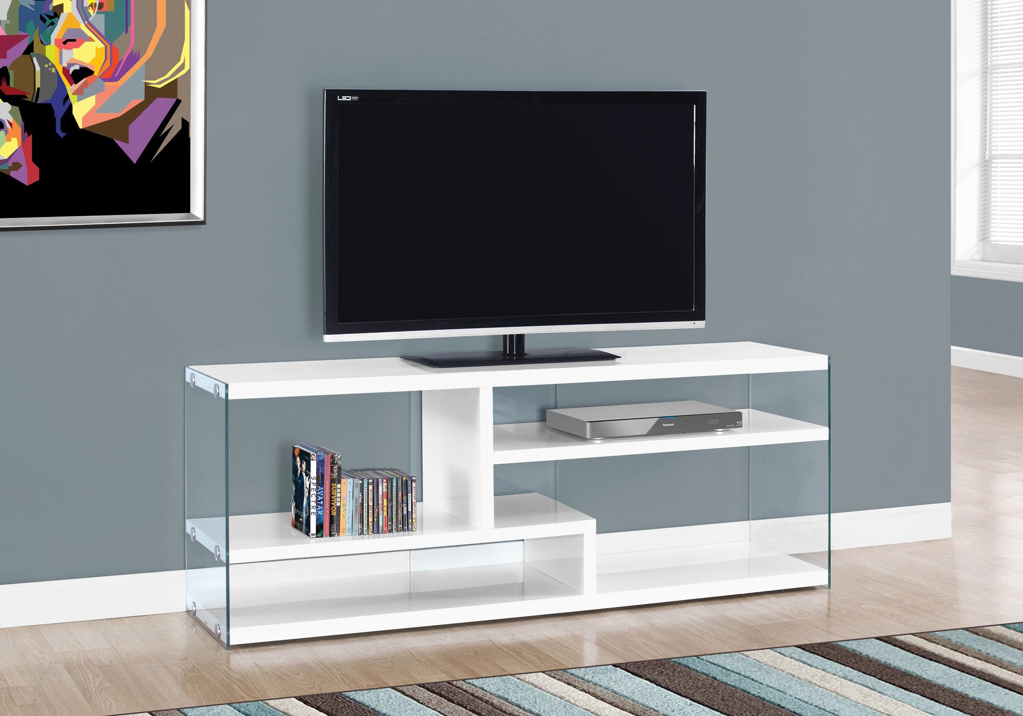 Glossy White 60" TV Stand with Shelves and Tempered Glass