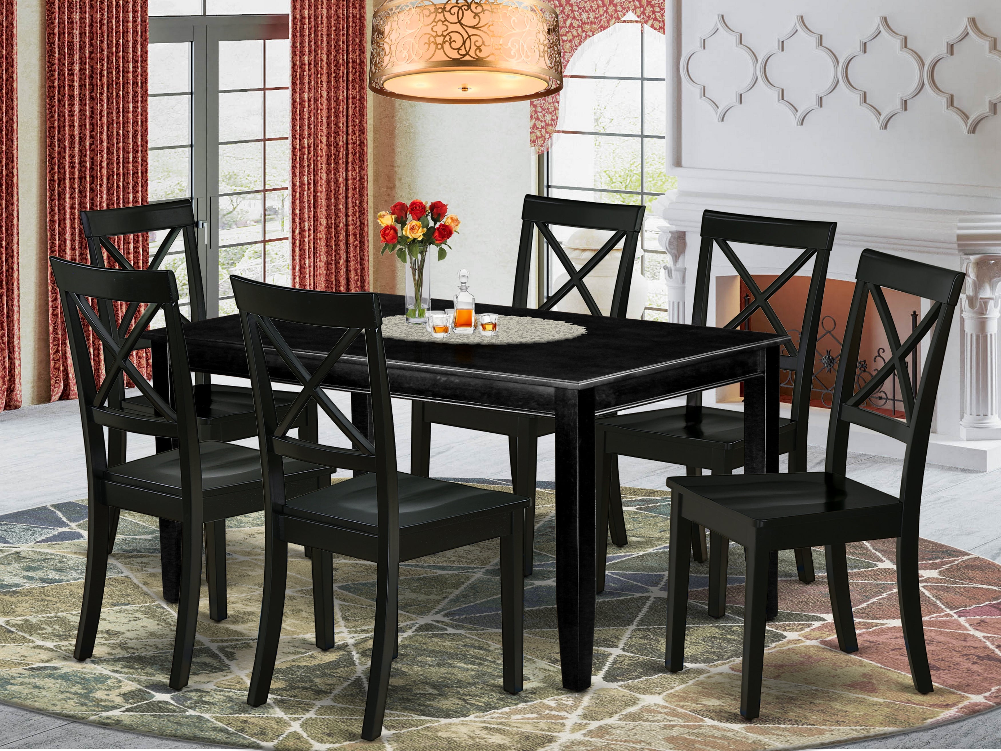 DUBO7-BLK-W 7Pc Rectangle 60 Inch Family Table And 6 Wood Seat Kitchen Chairs