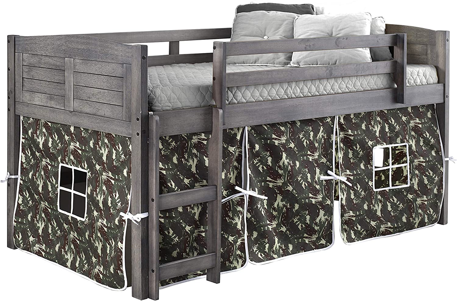 Donco Kids Louver Low Twin Loft Bed-Color:Antique Grey,Tent:Camo Tent