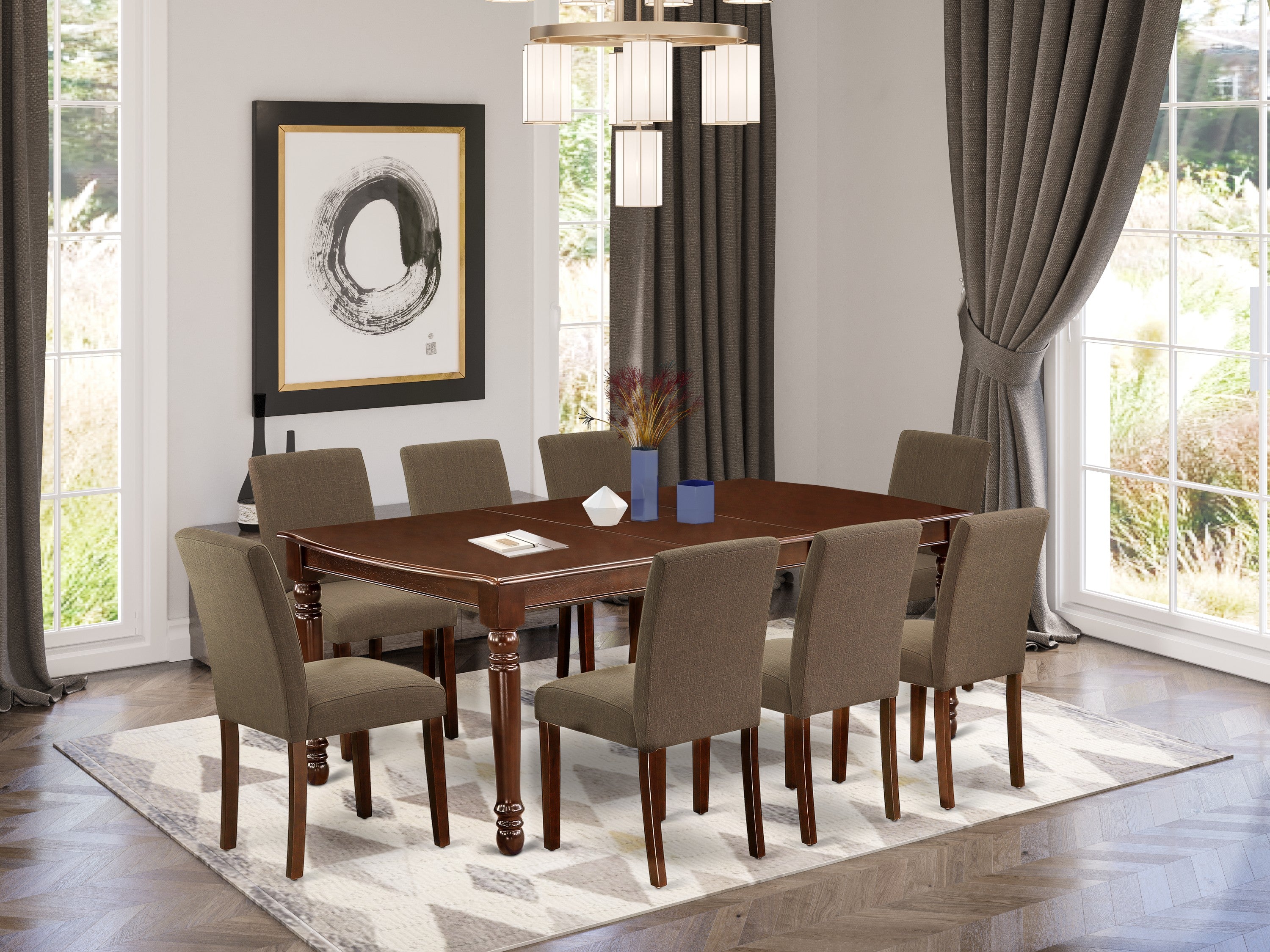 DOAB9-MAH-18 9Pc Rectangle 60/78 Inch Dining Table With 18 In Leaf And 8 Parson Chair With Mahogany Leg And Linen Fabric Coffee