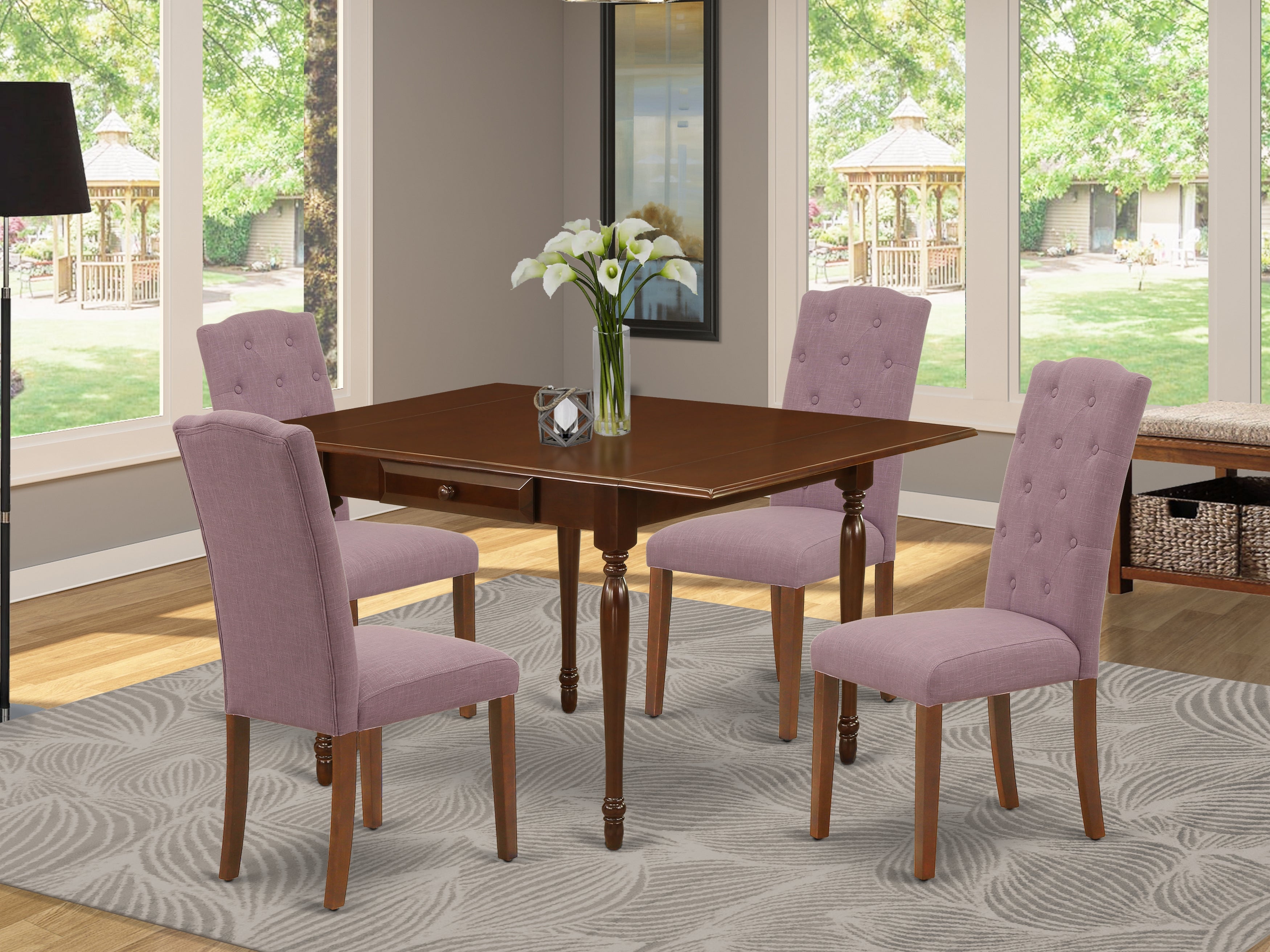 East West Furniture MZCE5-MAH-10 5Pc Dinette Set Offers a Wood Table and 4 Parsons Dining Chairs with Dahlia Color Linen Fabric, Drop Leaf Table with Full Back Chairs, Mahogany Finish