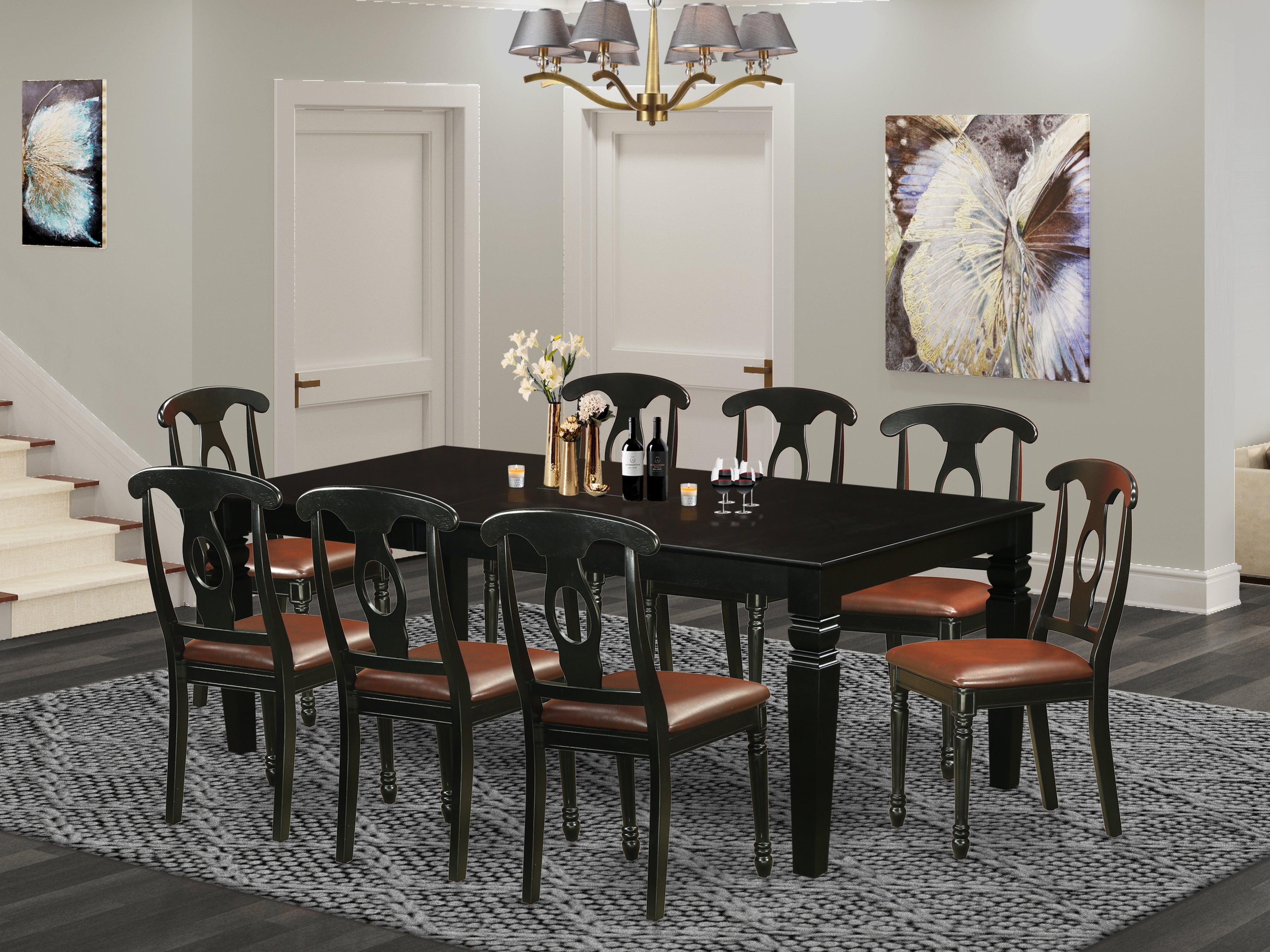LGKE9-BLK-LC 9 Pc Dining set with a Dining Table and 8 Leather Dining Chairs in Black