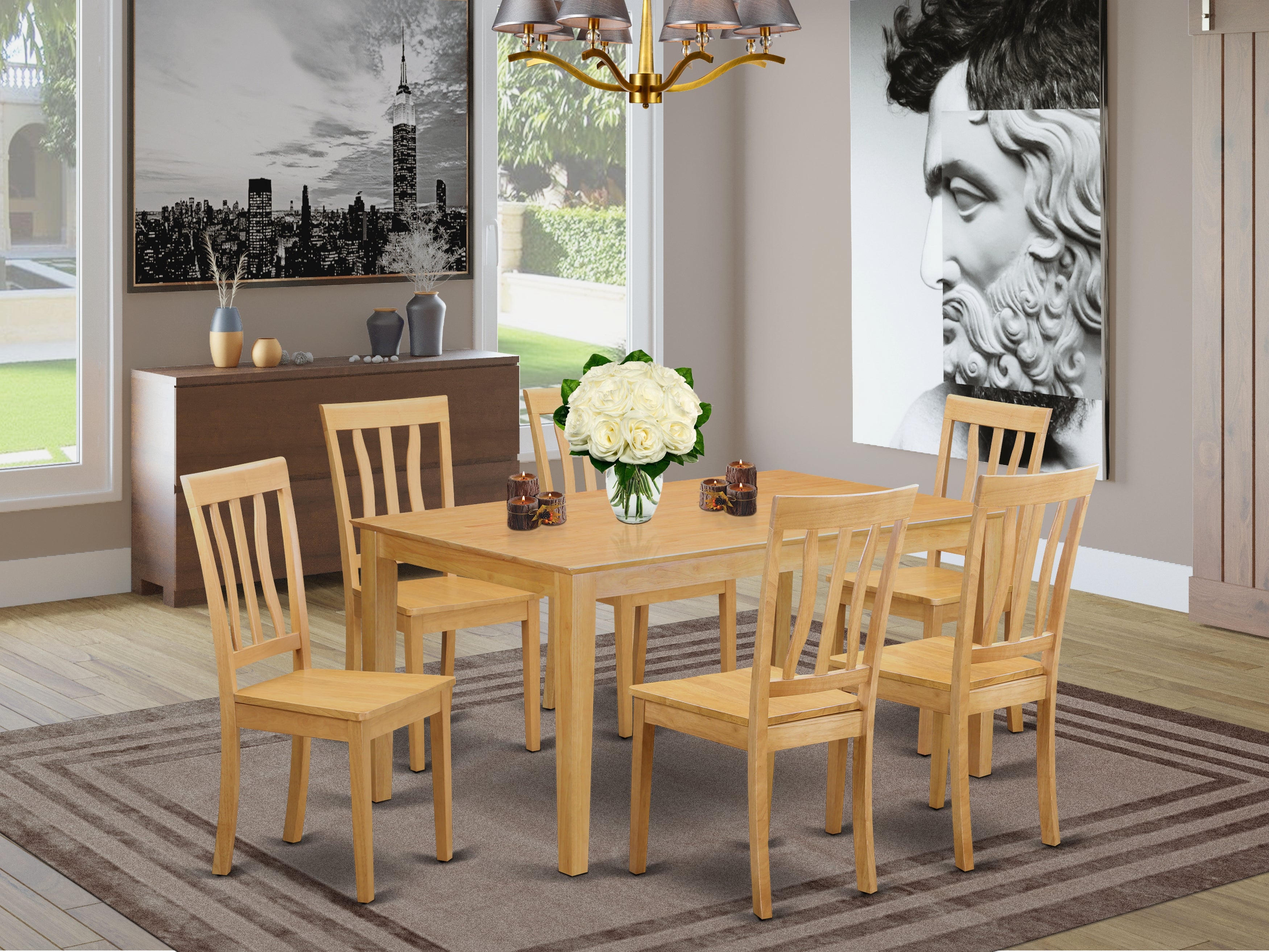 CAAN7-OAK-W 7 Pc Kitchen Table set - Kitchen dinette Table and 6 Kitchen Chairs