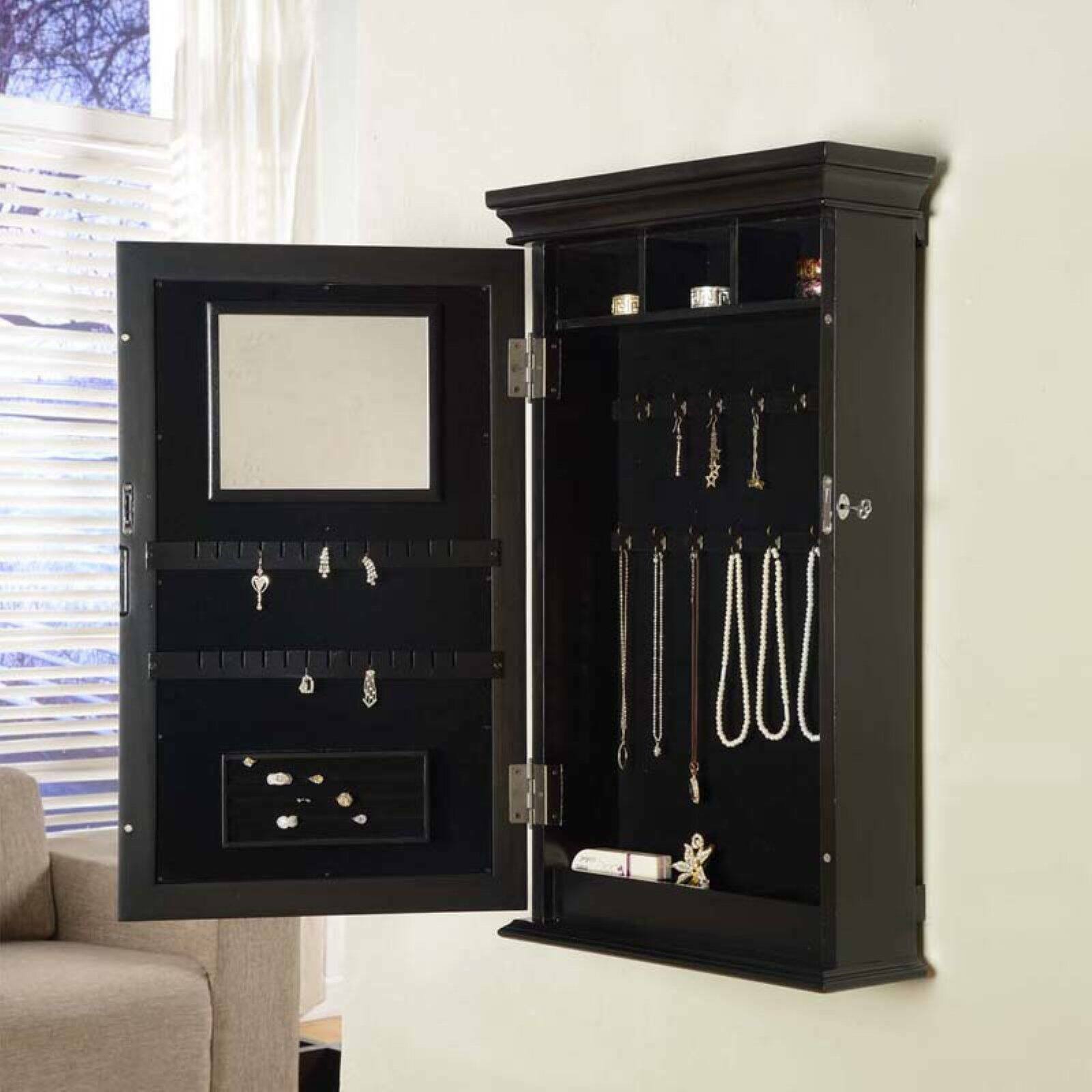 Morris Lockable Wall-Mount Jewelry Armoire w/ Mirror Multiple Compartment Black