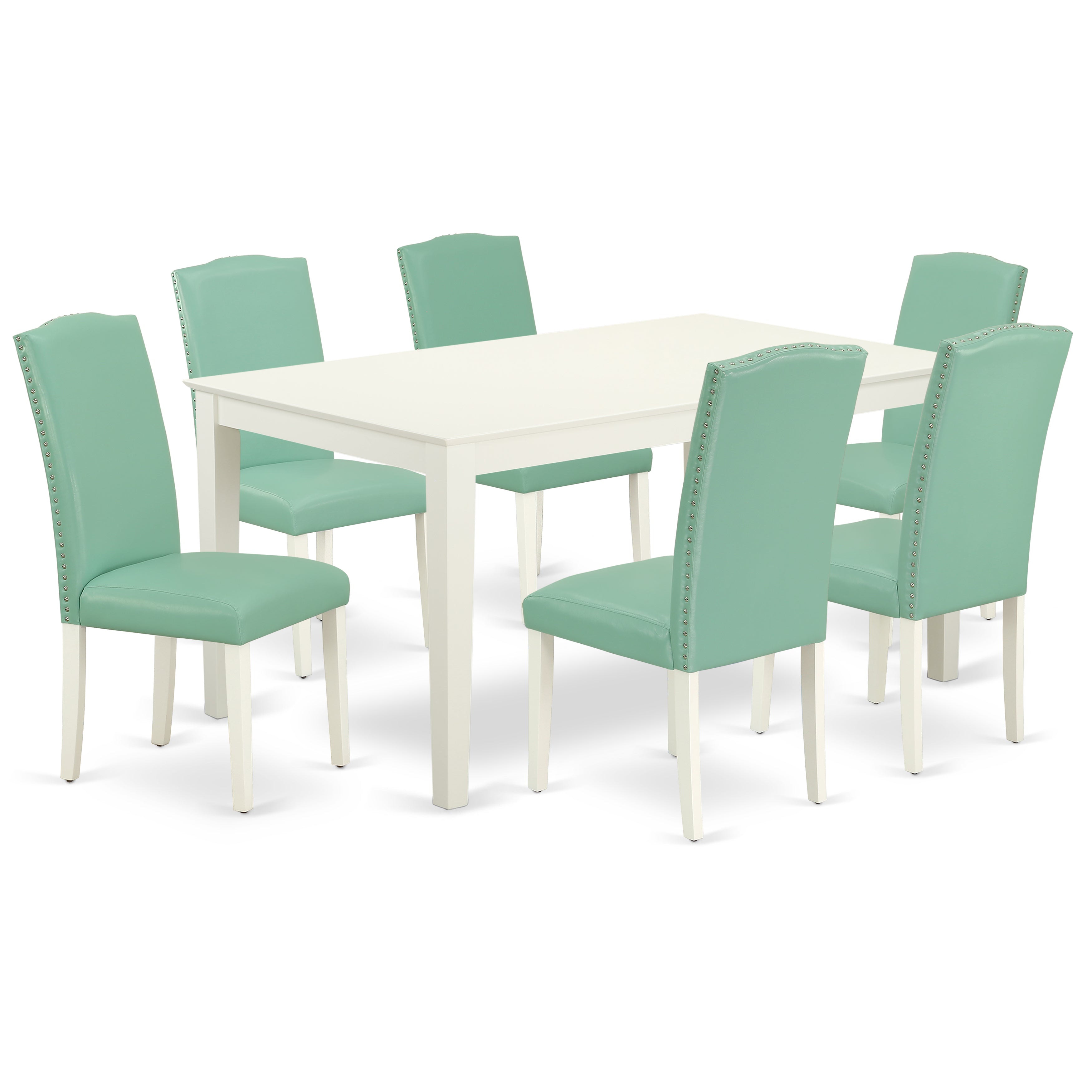 CAEN7-LWH-57 7Pc Rectangle 60" Dining Table And 6 Parson Chair With Linen White Leg And Pu Leather Color Pond