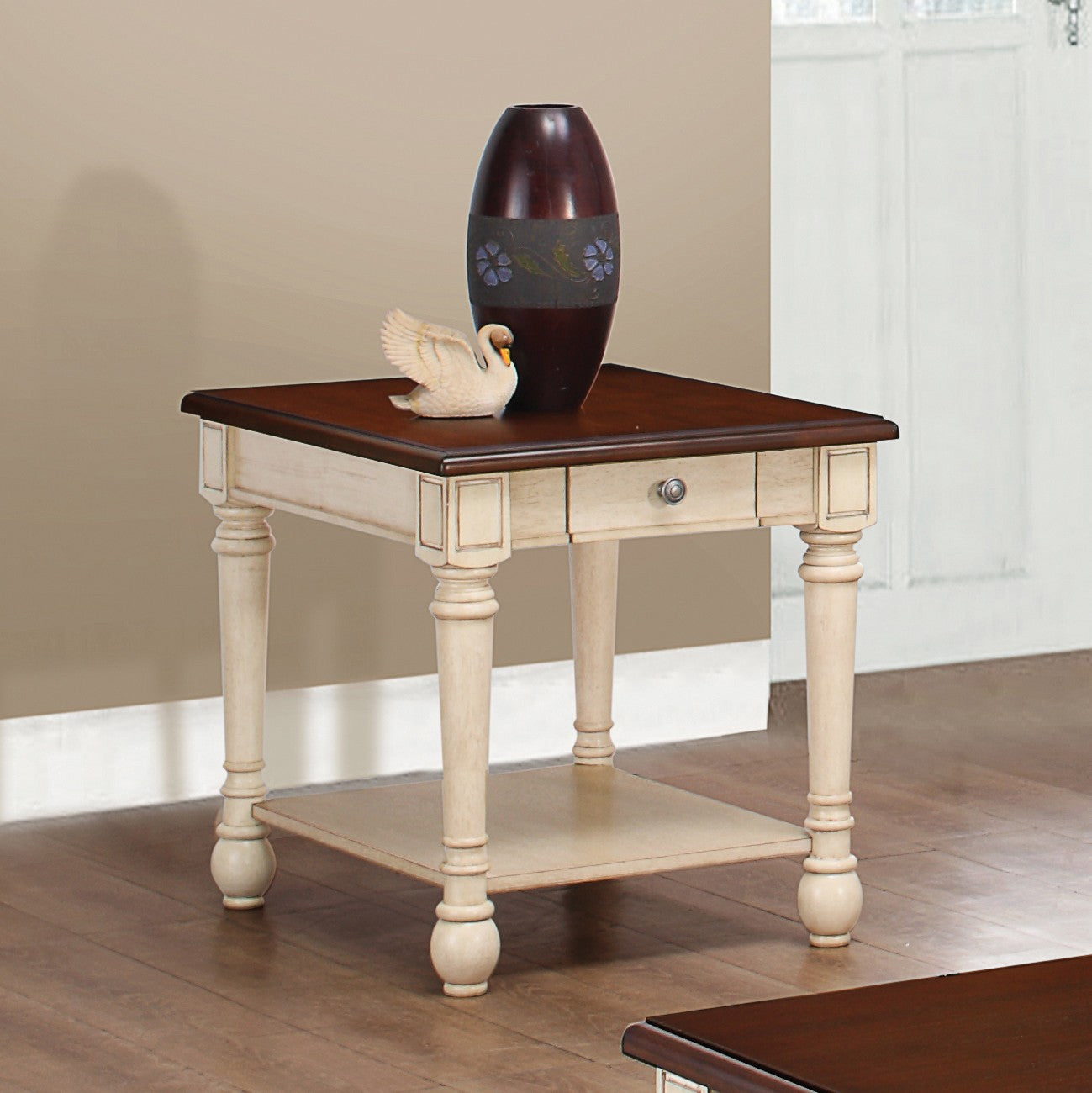 Rectangular End Table Dark Brown and Antique White