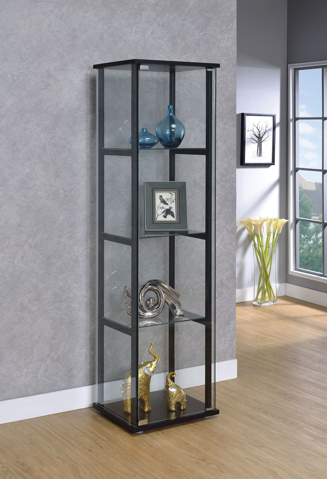 4-Shelf Glass Curio Display Cabinet Tower Black And Clear 950171