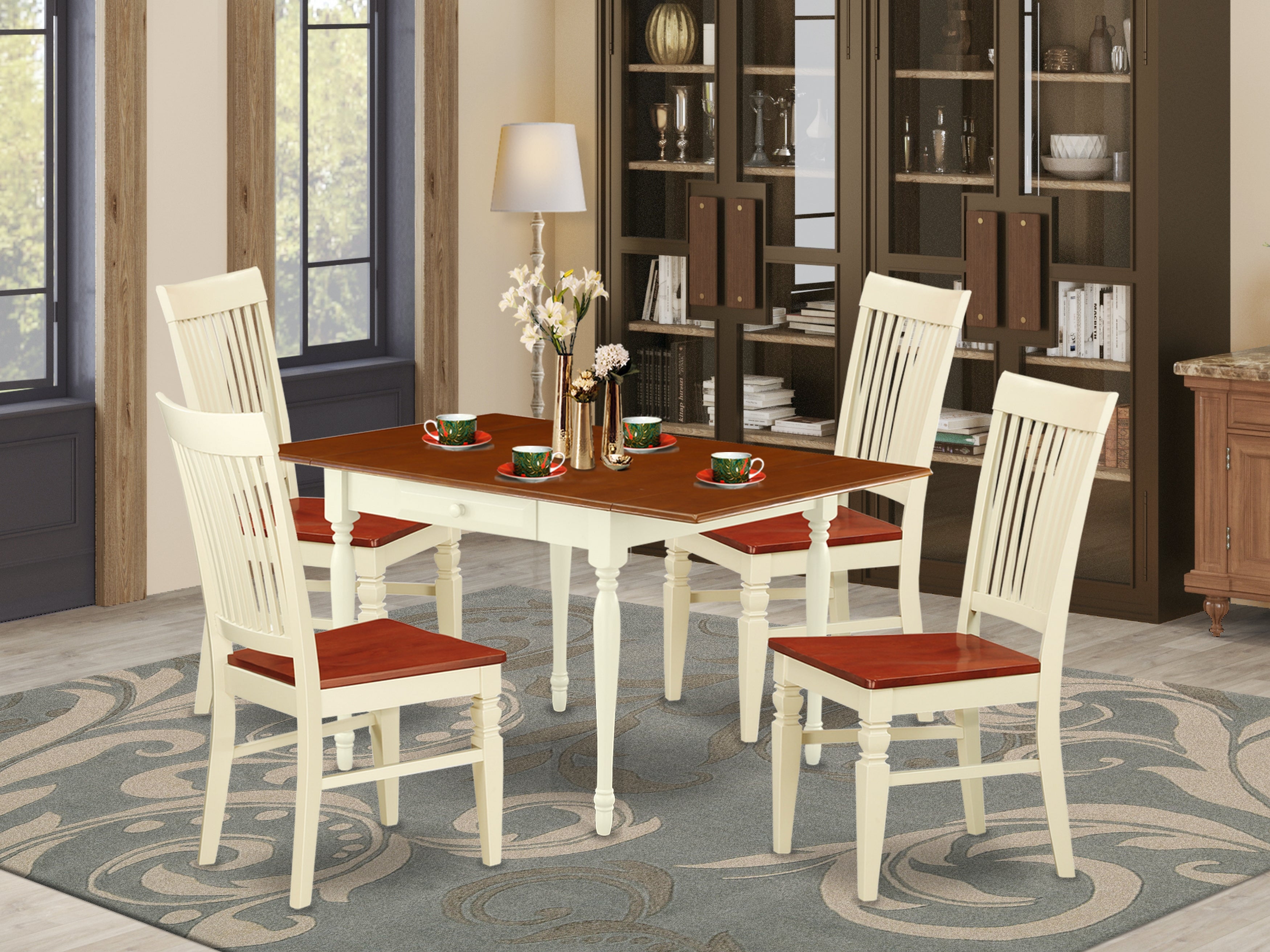 East West Furniture MZWE5-WHI-W 5 Pieces Kitchen Table set - Strong Drop Leaf Solid Wood Dining Table and 4 Real Wood Seat Dining Room Chairs, Buttermilk and Cherry Finish