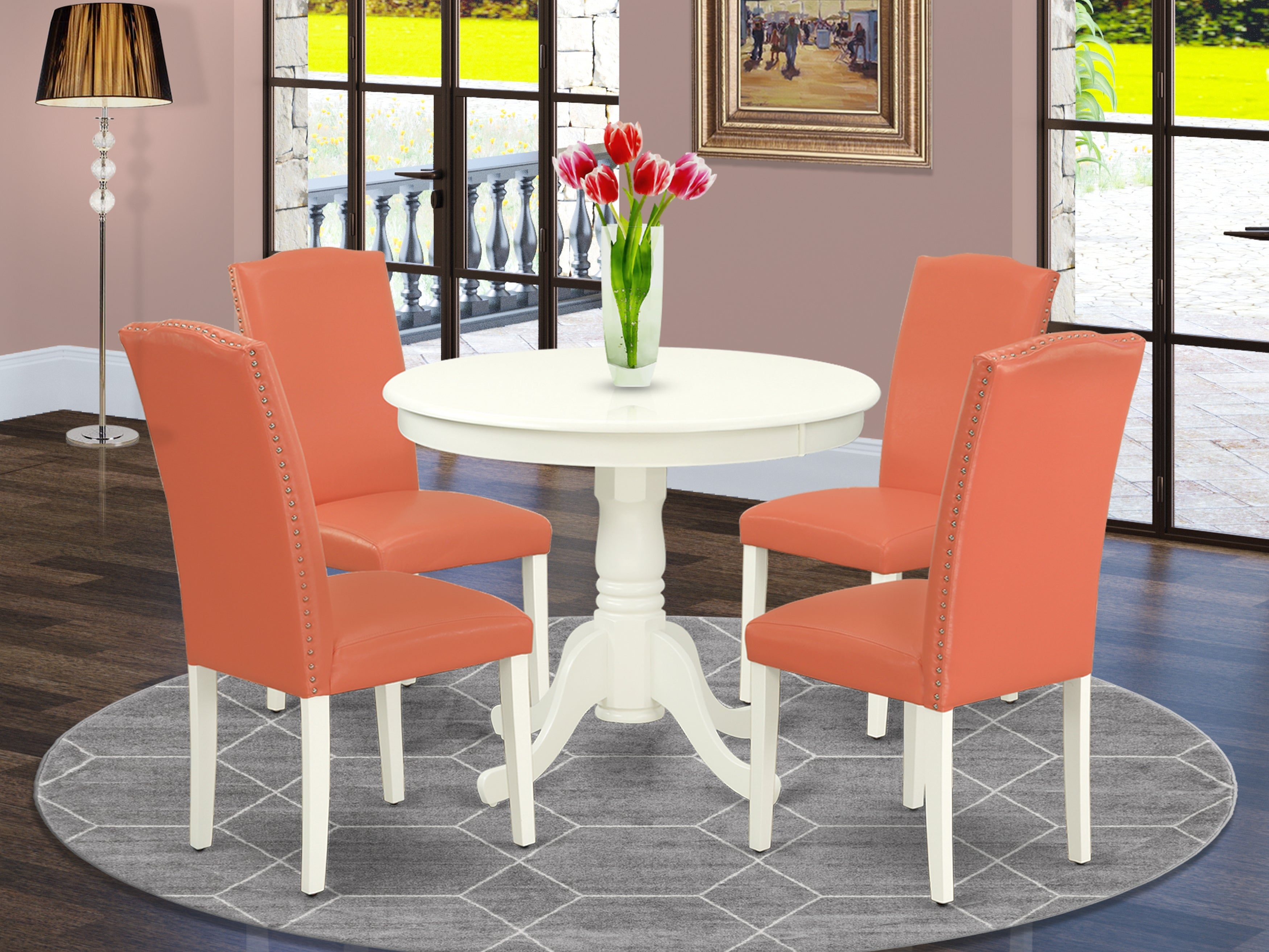 ANEN5-LWH-78 5Pc Round 36" Table And 4 Parson Chair With Linen White Leg And Pu Leather Color Pink Flamingo