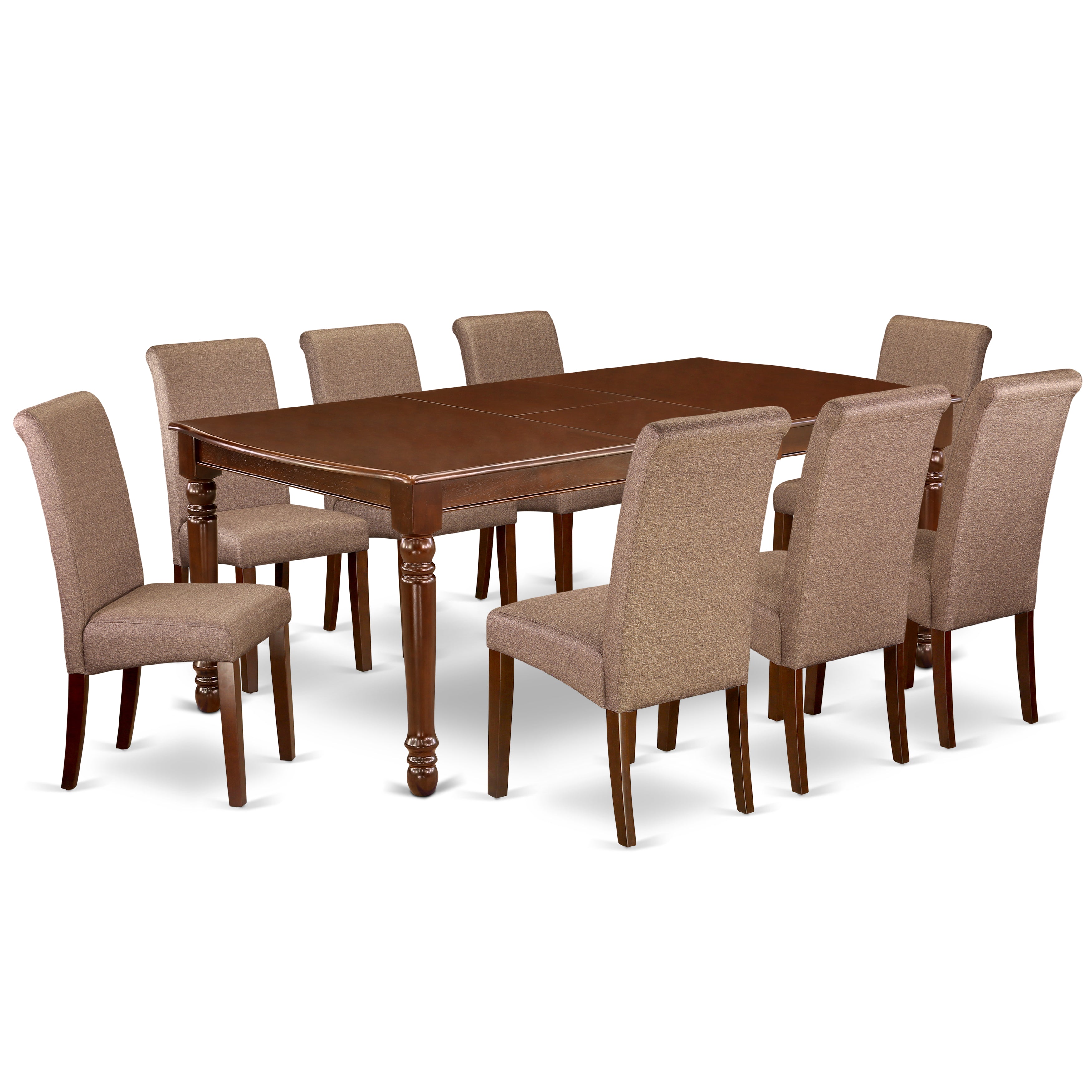 DOBA9-MAH-18 9Pc Kitchen table with linen brown fabric Parson chairs with mahogany chair legs