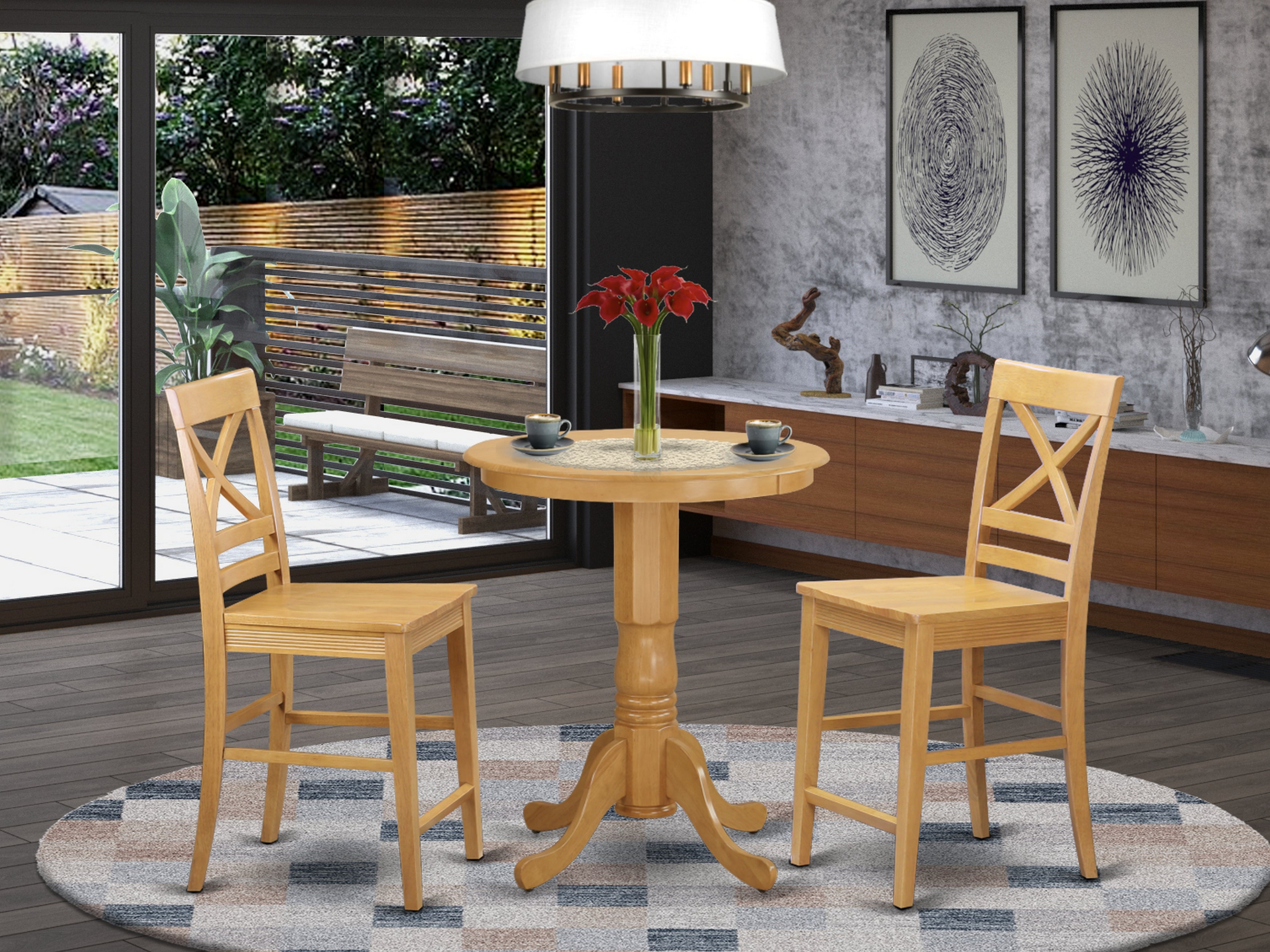 EDQU3-OAK-W 3 Pc counter height pub set - high Table and 2 Kitchen Chairs.