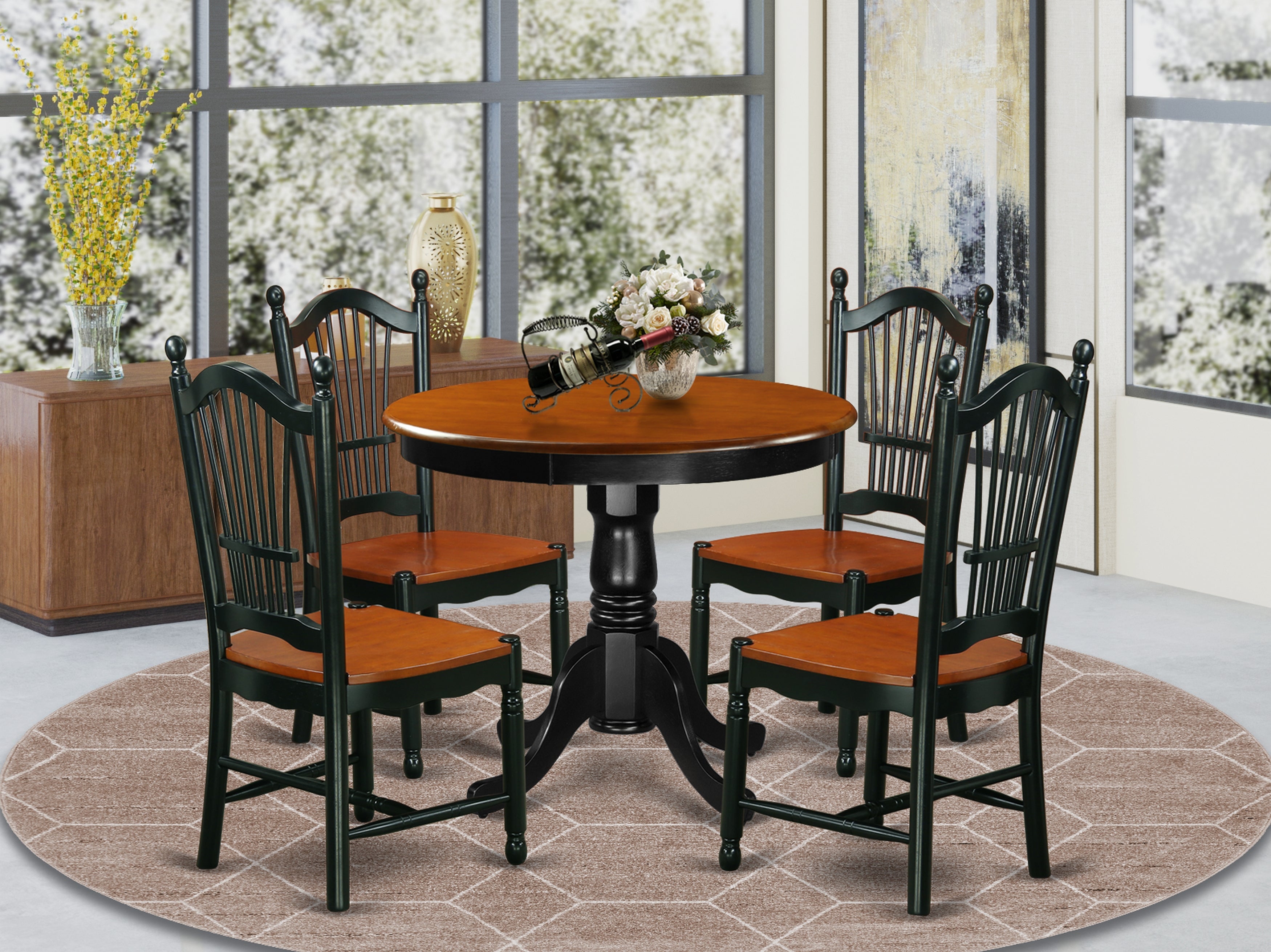 ANDO5-BCH-W 5 Pc Dining set with a Kitchen Table and 4 Wood Seat Kitchen Chairs in Black and Cherry