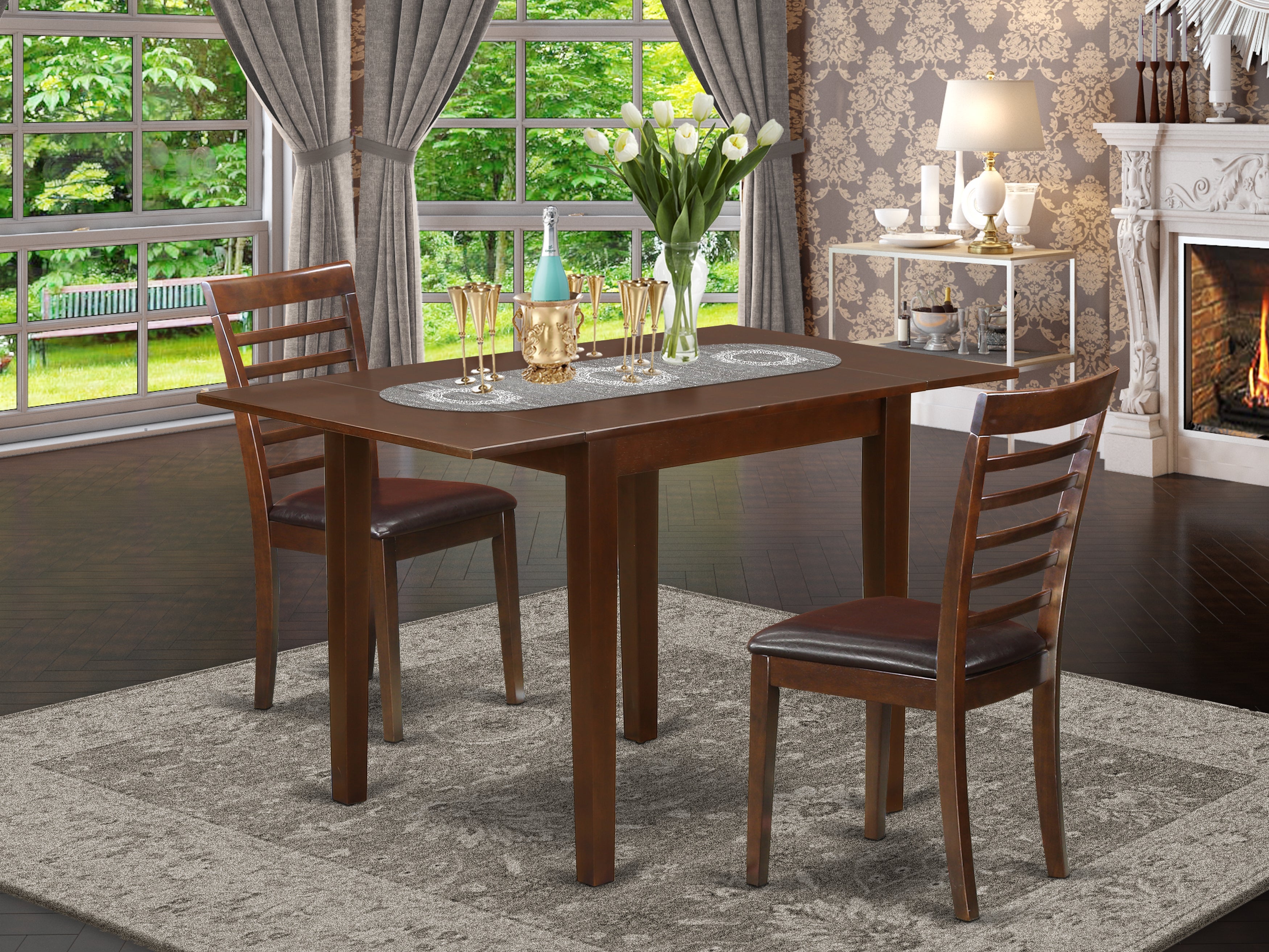 East West Furniture NDML3-MAH-LC 3Pc Dining Room Table Set Features a Modern Dining Table and 2 Dining Room Chairs with Faux Leather Seat, Mahogany Finish