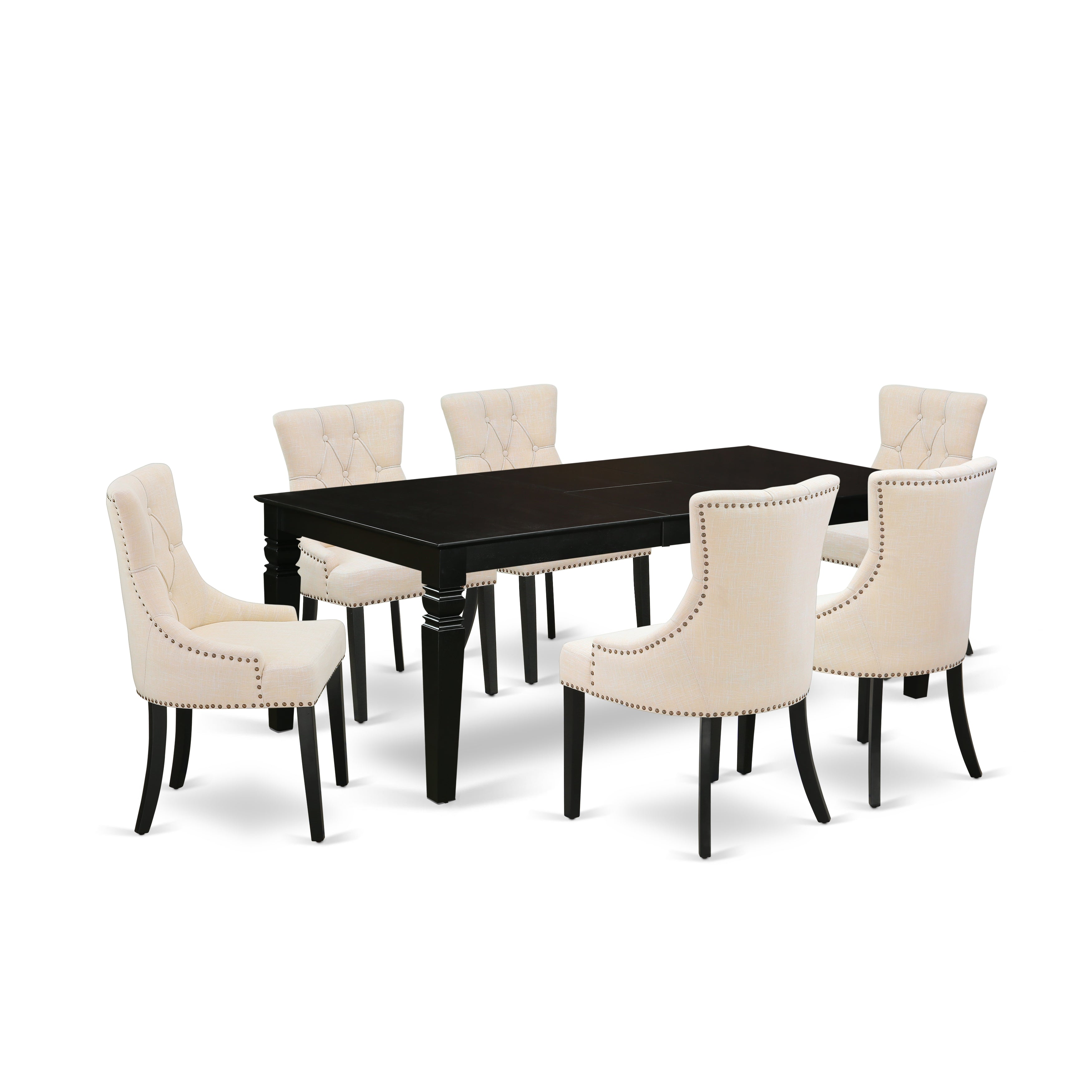 LGFR7-BLK-02 7Pc Dinette Set Includes a Rectangular Kitchen Table with Butterfly Leaf and Six Parson Chairs with Light Beige Fabric, Black Finish