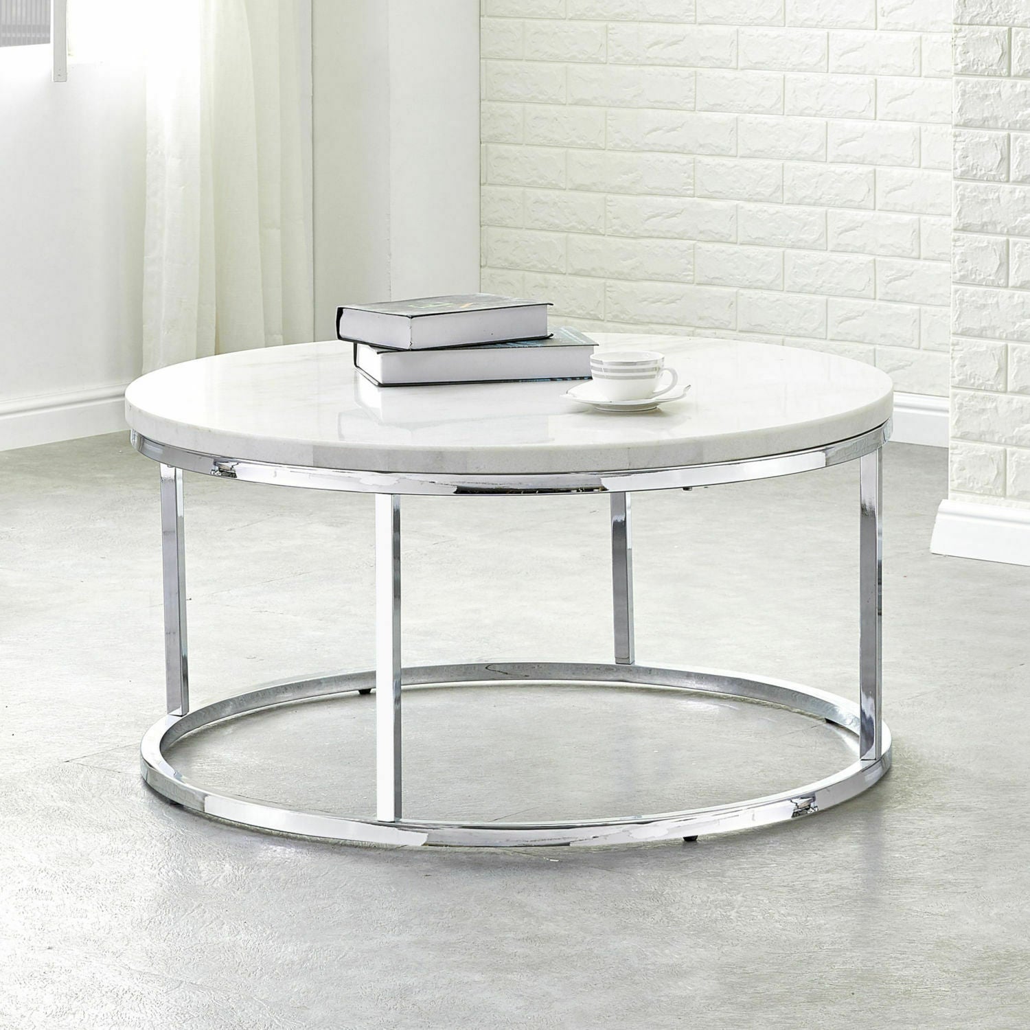 Echo White Marble Top With Chrome Base Round Cocktail Coffee Table
