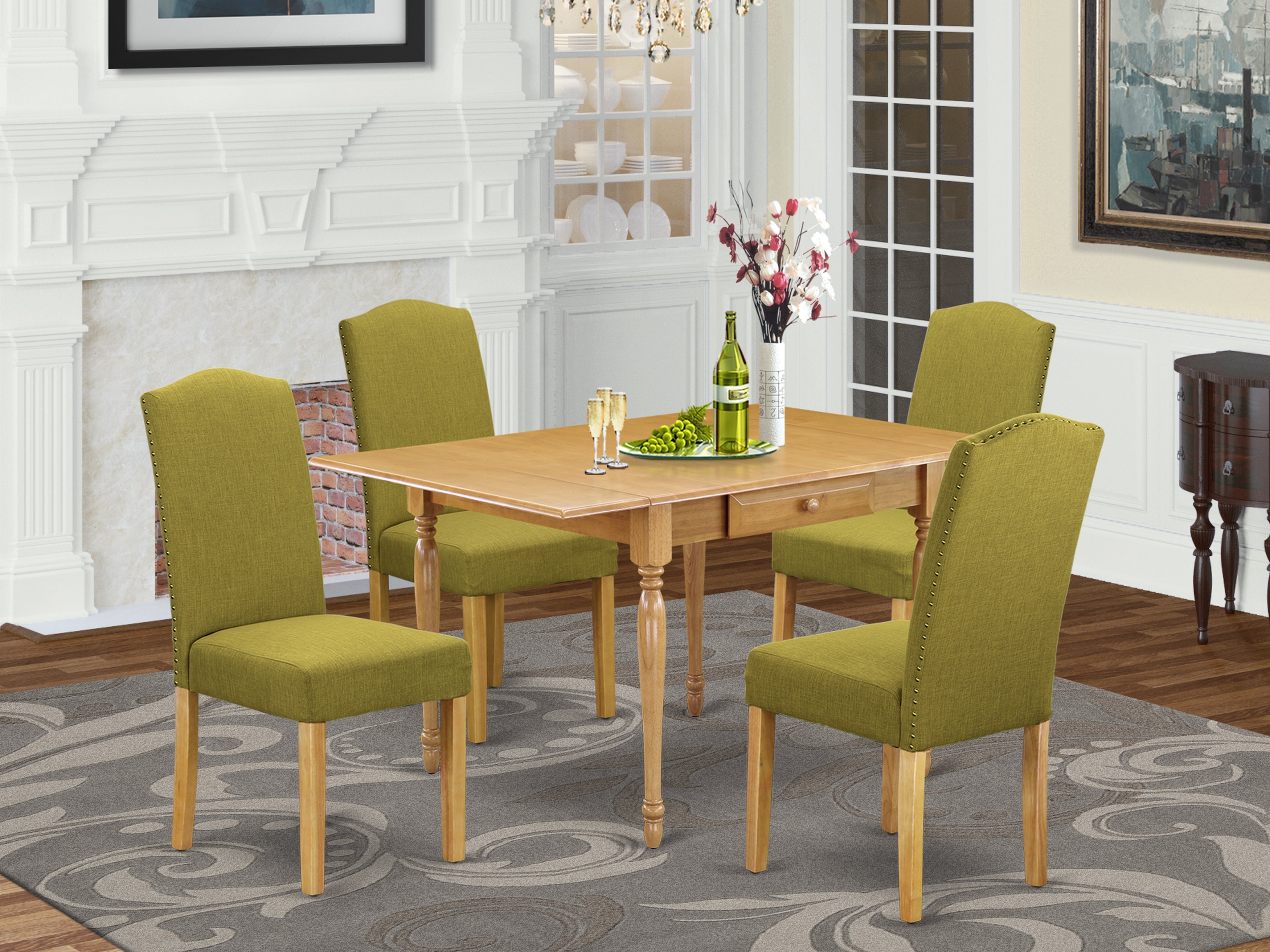 East West Furniture MZEN5-OAK-08 5Pc Dining Table Set for 4 Contains a Wood Table and 4 Parsons Dining Room Chairs with Light Pickle Color Linen Fabric, Drop Leaf Table with Full Back Chairs, Oak Finish