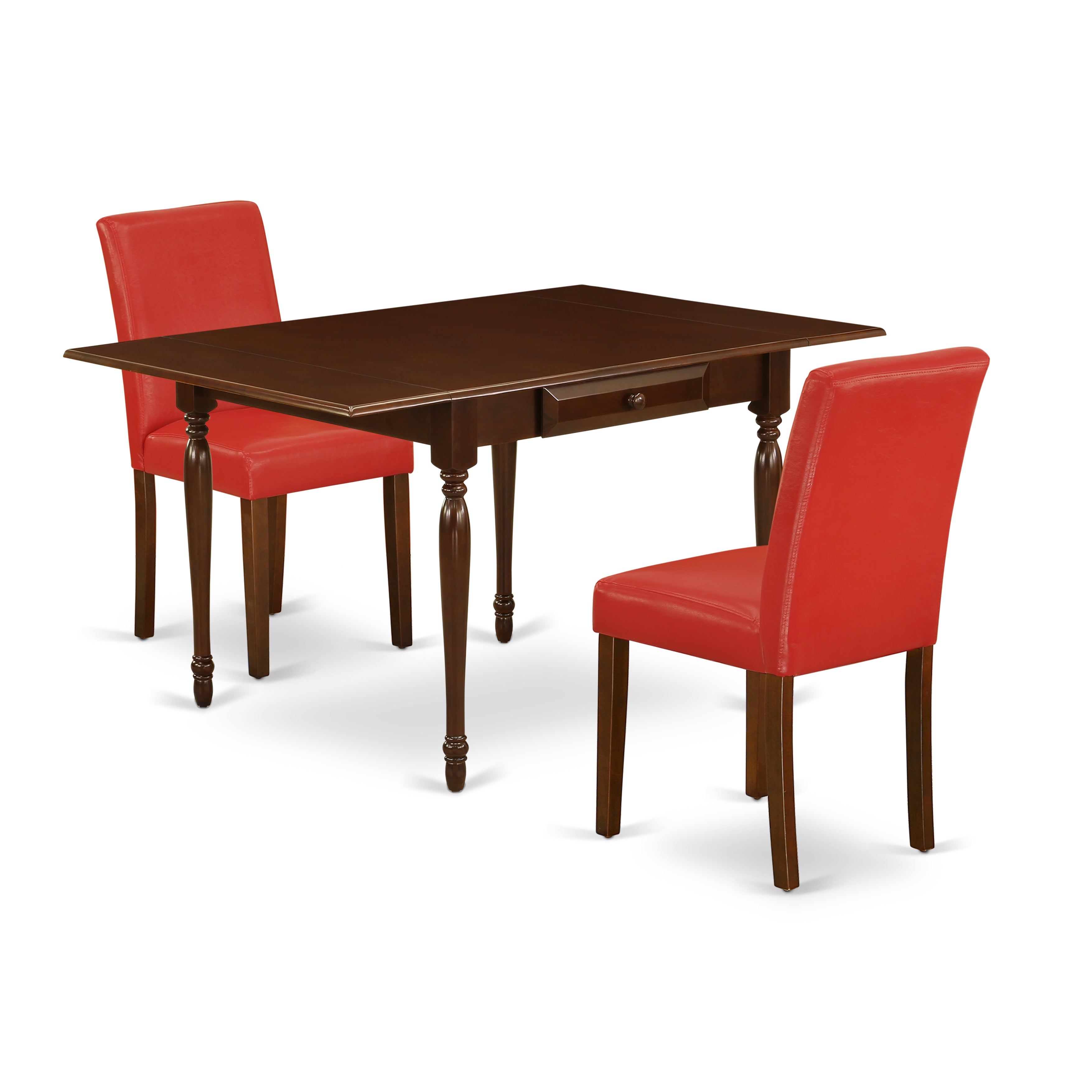 East West Furniture MZAB3-MAH-72 3Pc Dinette Sets for Small Spaces Consists of a Wood Dining Table and 2 Parsons Dining Chairs with Firebrick Red Color PU Leather, Drop Leaf Table with Full Back Chairs, Mahogany Finish