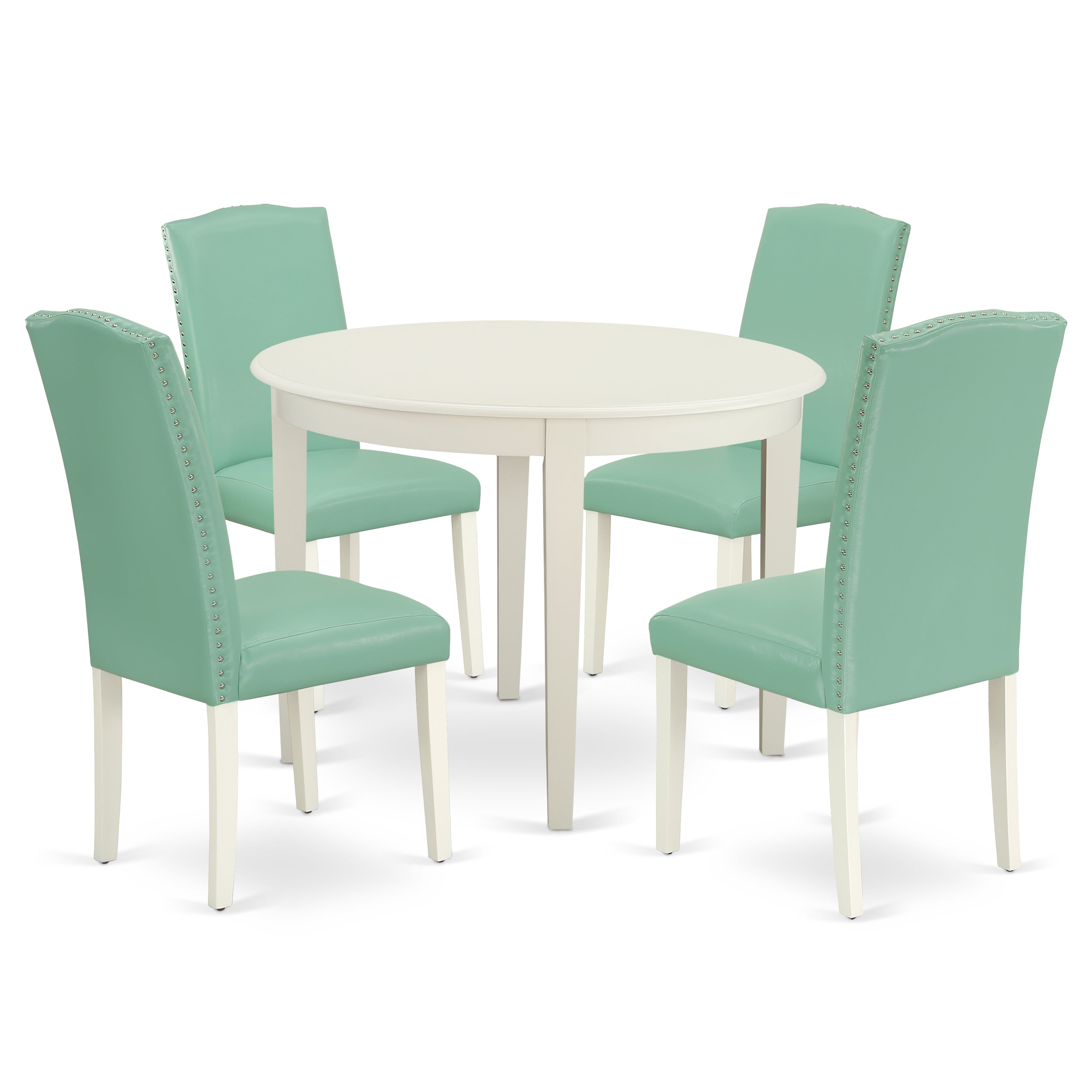 BOEN5-LWH-57 5Pc Round 42" Kitchen Table And Four Parson Chair With Linen White Leg And Pu Leather Color Pond