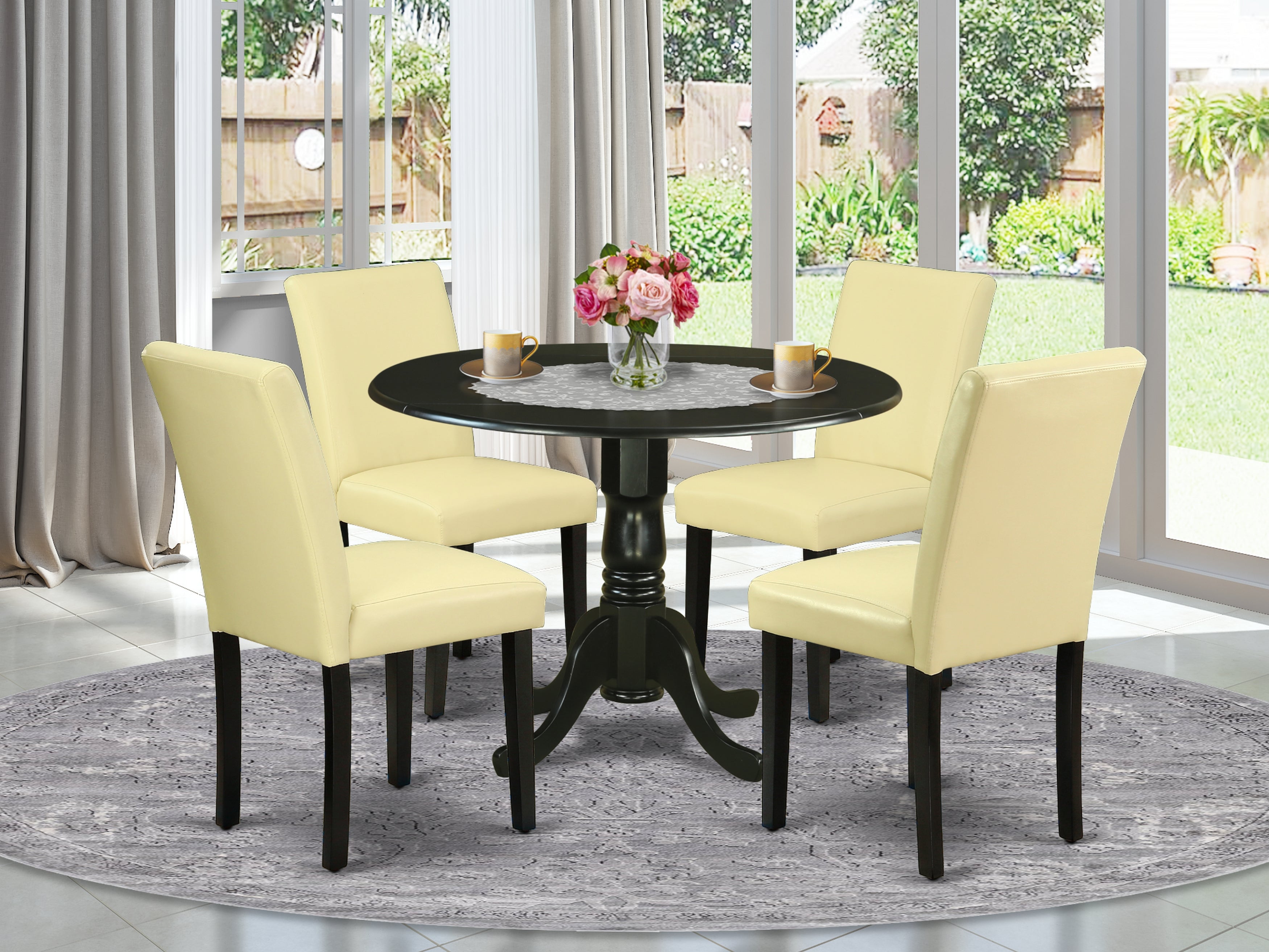 DLAB5-BLK-73 5Pc Round 42" Kitchen Table With Two 9-Inch Drop Leaves And Four Parson Chair With Black Leg And Pu Leather Color Eggnog