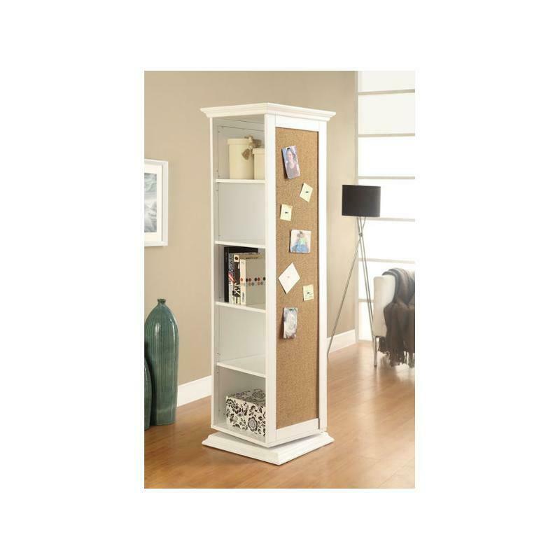 Swivel Accent Rotating Cabinet With Cork Board And Dressing Mirror Shelves White