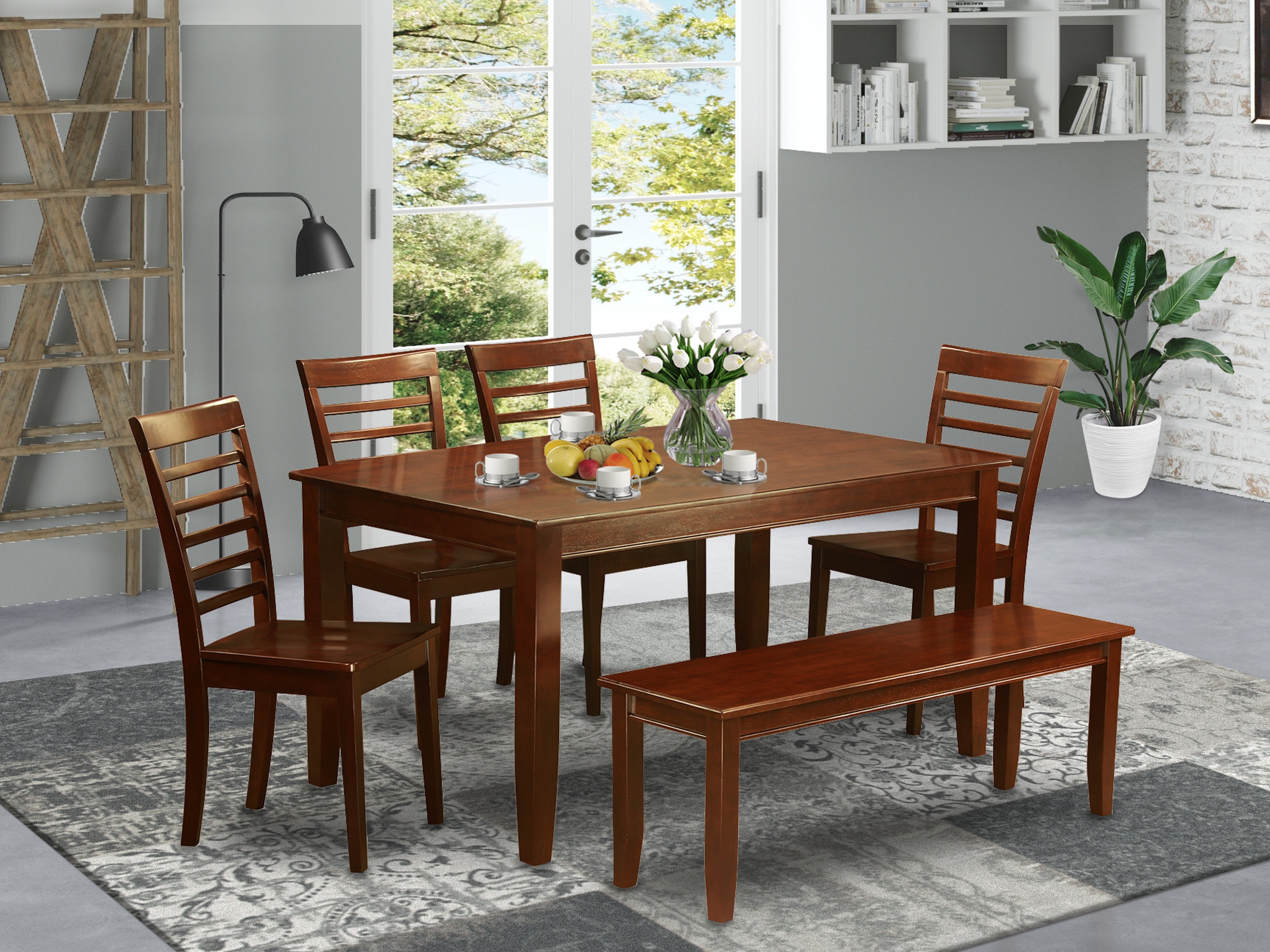DUML6D-MAH-W 6 PC Dining room set with bench-Table and 4 Dining Chairs and Bench