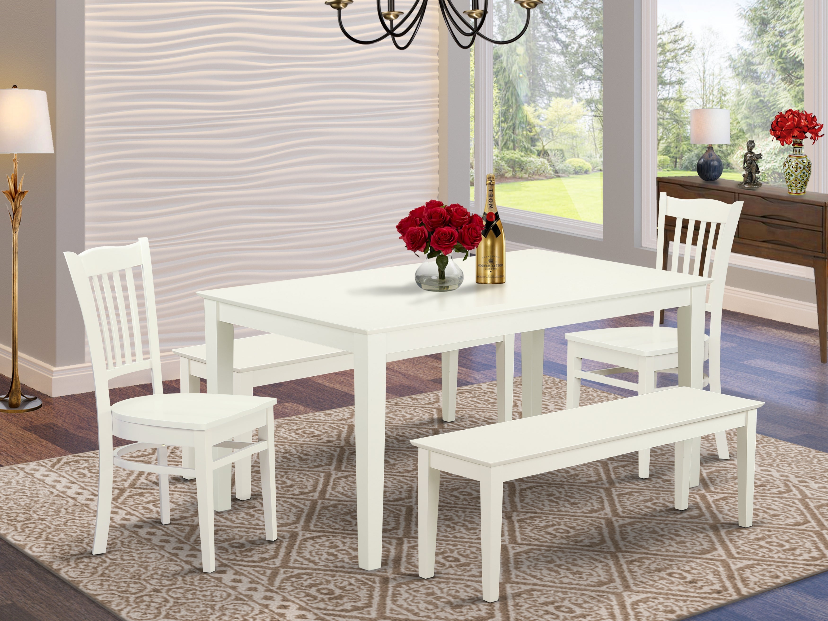 CAGR5C-LWH-W 5 Piece dining for 6-Dining room table and 2 Wood Seat Chairs and 2 Benches in Linen White