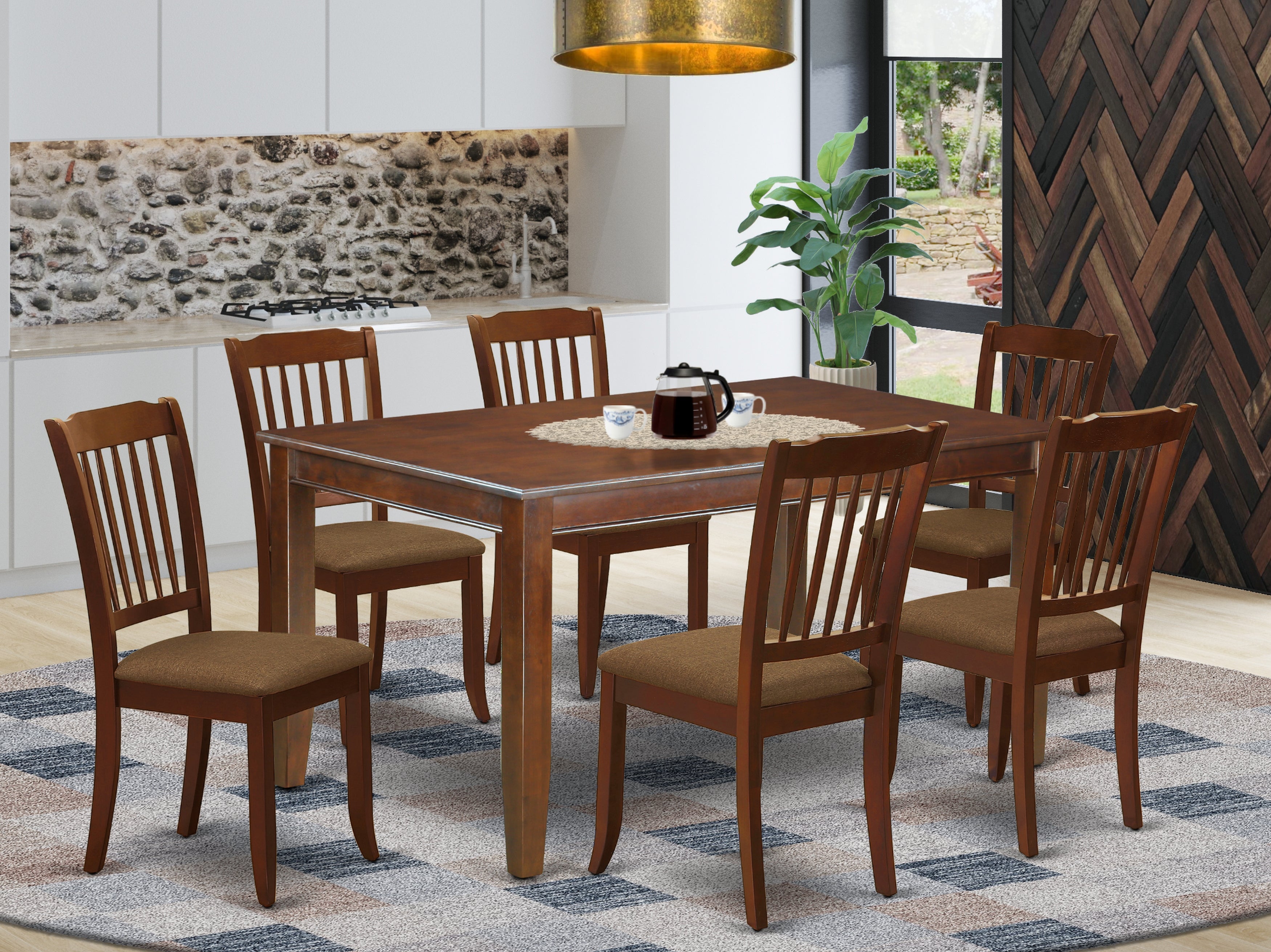 DUDA7-MAH-C 7Pc Dinette Set Includes a Rectangular Kitchen Table and Six Vertical Slatted Microfiber Seat Dining Chairs, Mahogany Finish