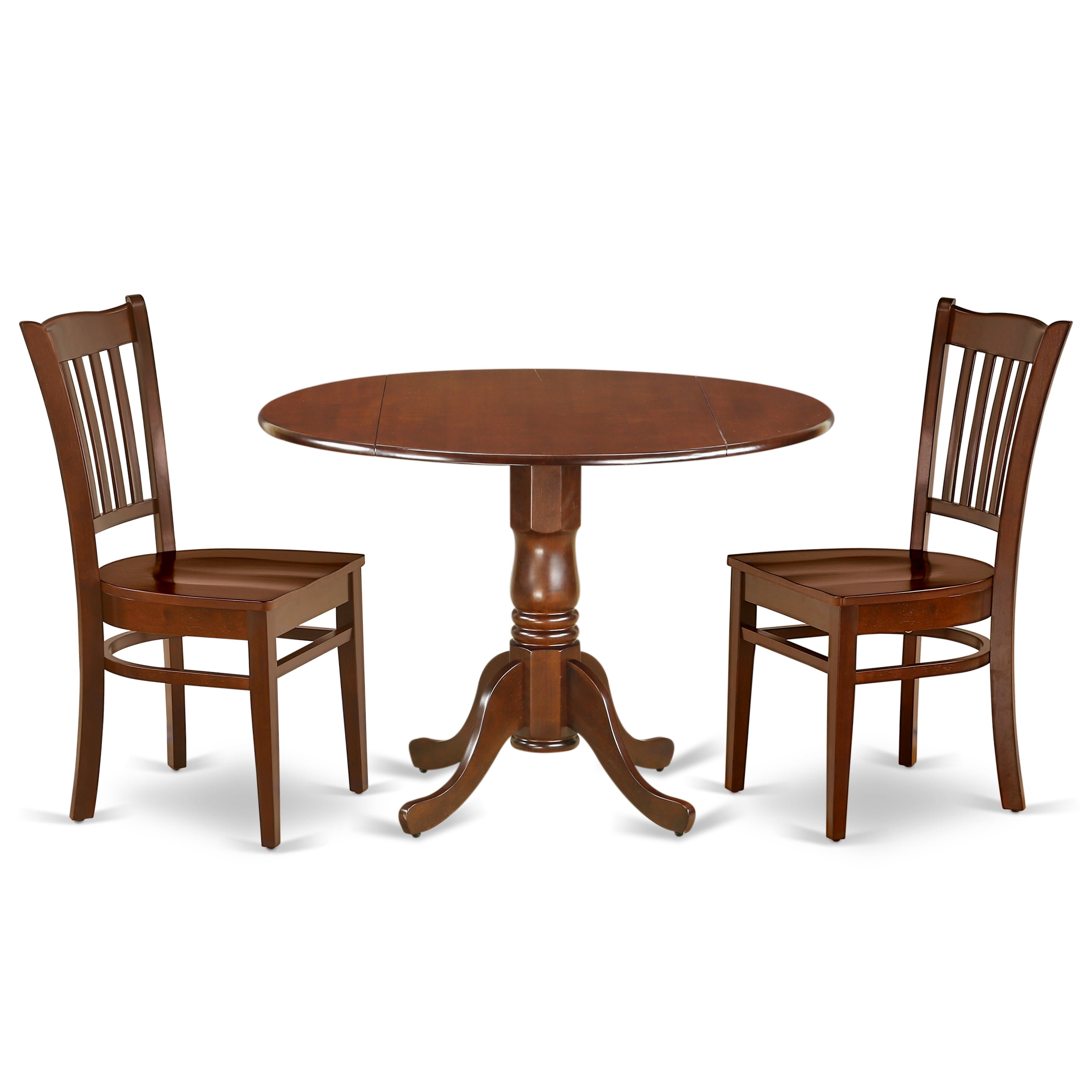 DLGR3-MAH-W 3Pc Round 42 Inch Dining Table With Two 9-Inch Drop Leaves And 2 Wood Seat Chairs