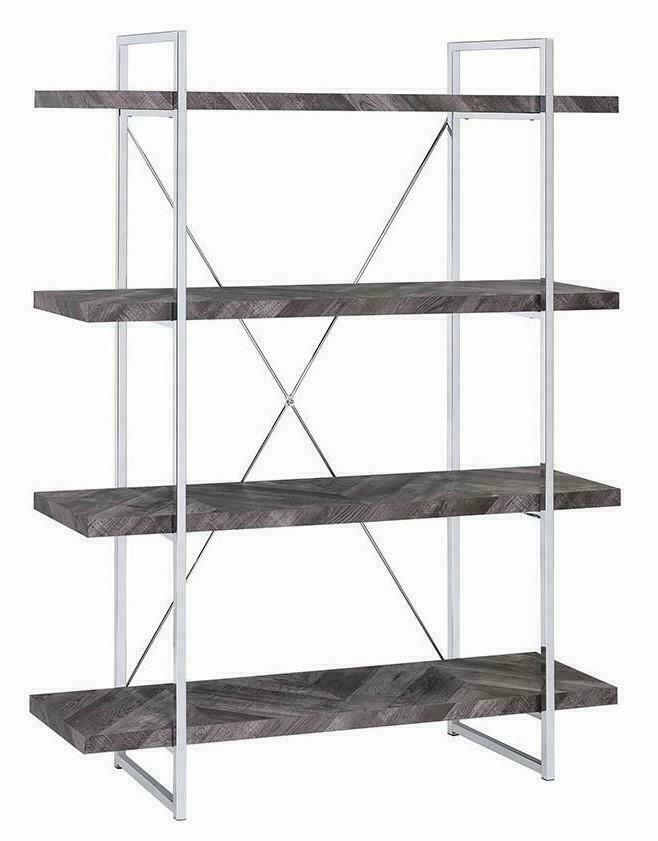 Grimma 4-Shelf Display shelf Bookcase Bookshelf Rustic Grey Herringbone