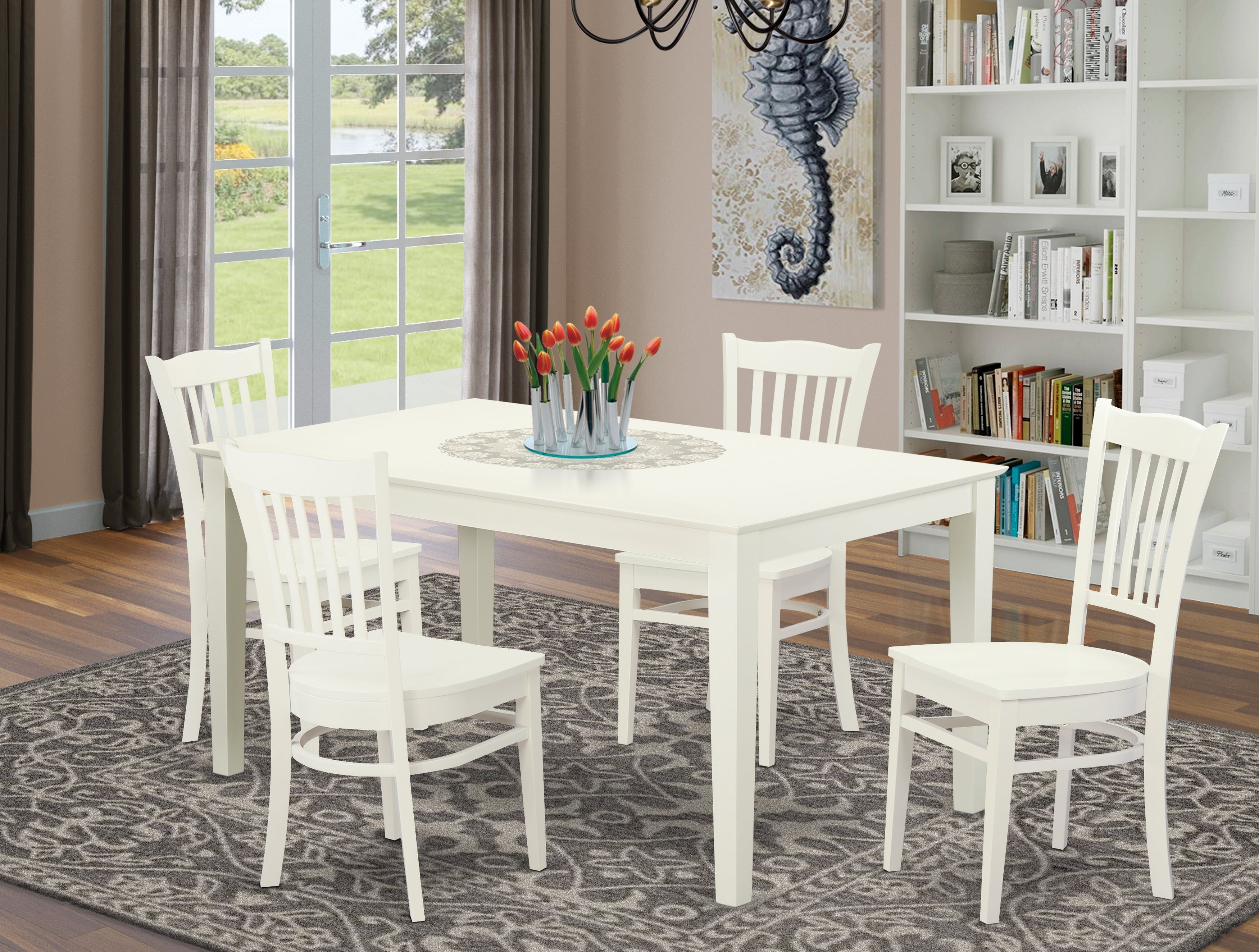 CAGR5-LWH-W 5Pc Rectangle 60 Inch Dining Table And 4 Wood Seat Kitchen Chairs