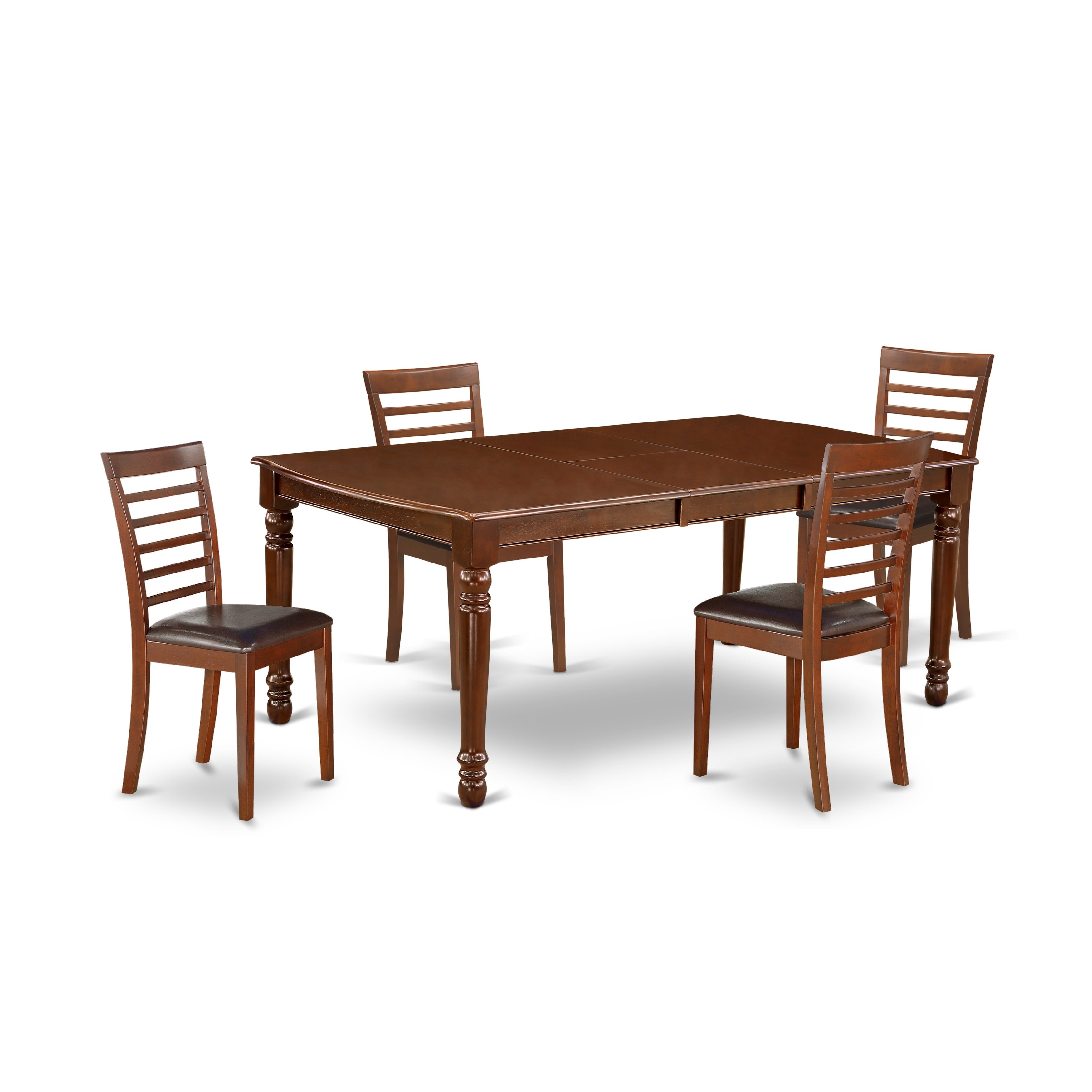 DOML5-MAH-LC 5Pc Rectangular 60/78" Dinner Table With 18 In Leaf And Four Kitchen Faux Leather Seat Chairs